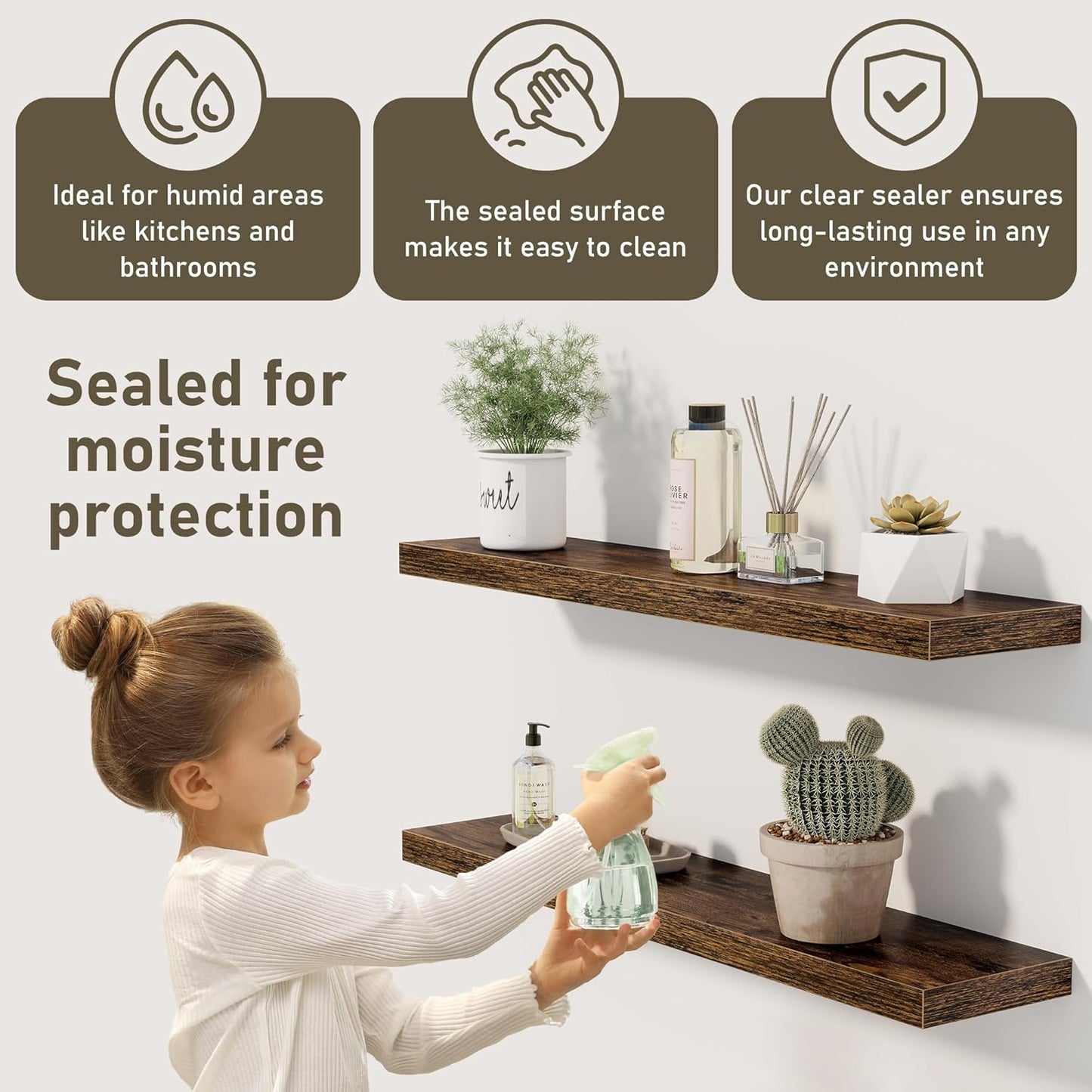 Fun Memories 55 Inch Floating Shelves for Wall 2 Pack Shelves for Bedroom|Kitchen|Bathroom 55 x 9.3 Inch Wood Floating Shelf with Invisible Brackets for Books|Storage|Decor, Rustic Brown