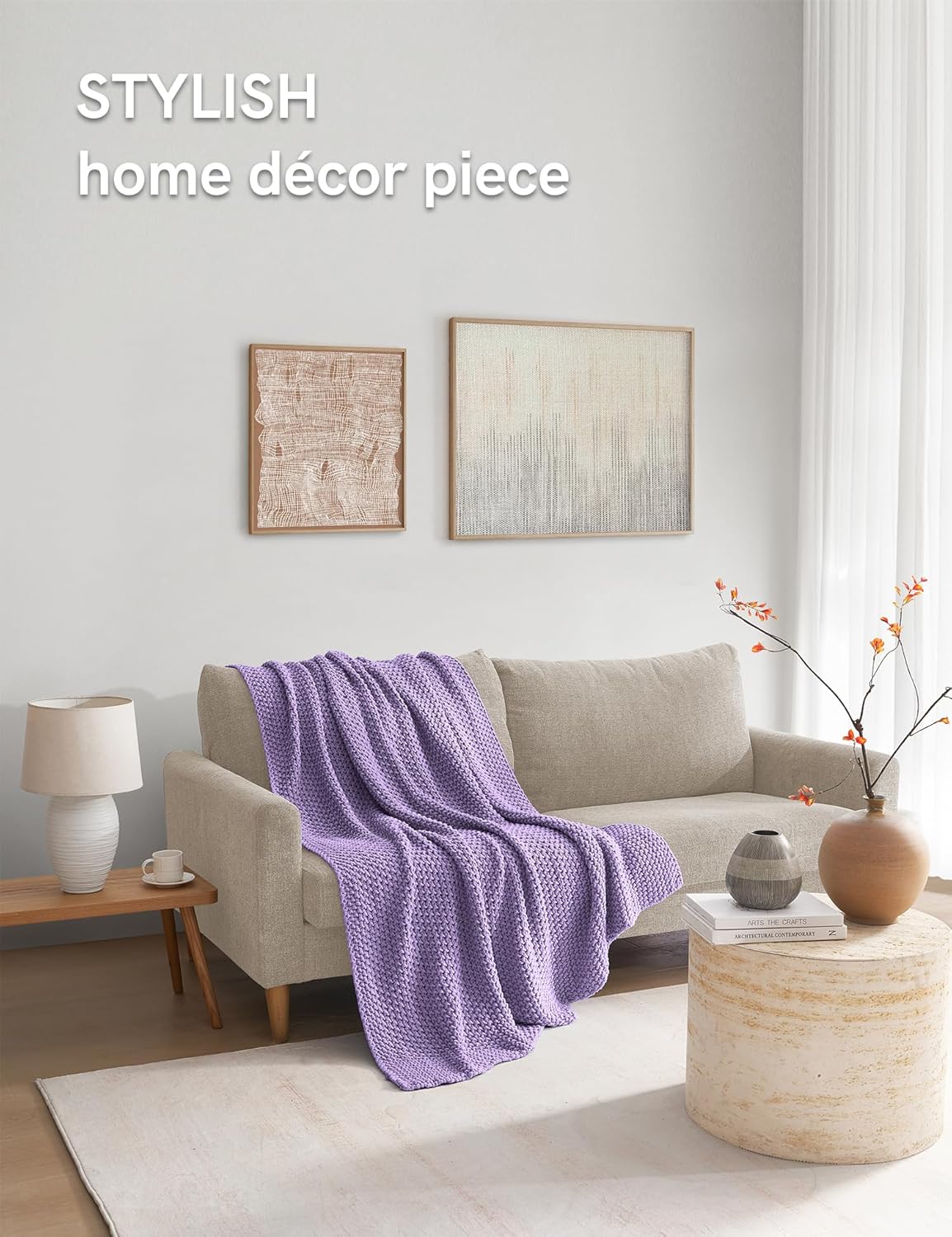 YnM Chunky Cotton Knit Throw Blanket, Cable Knit Throws for Bed Couch Sofa, Comfy & Relaxing, Decorative Piece for Farmhouse Modern Boho Rustic Scandinavian Chic Vibe, Lilac Purple 60x80 Inches