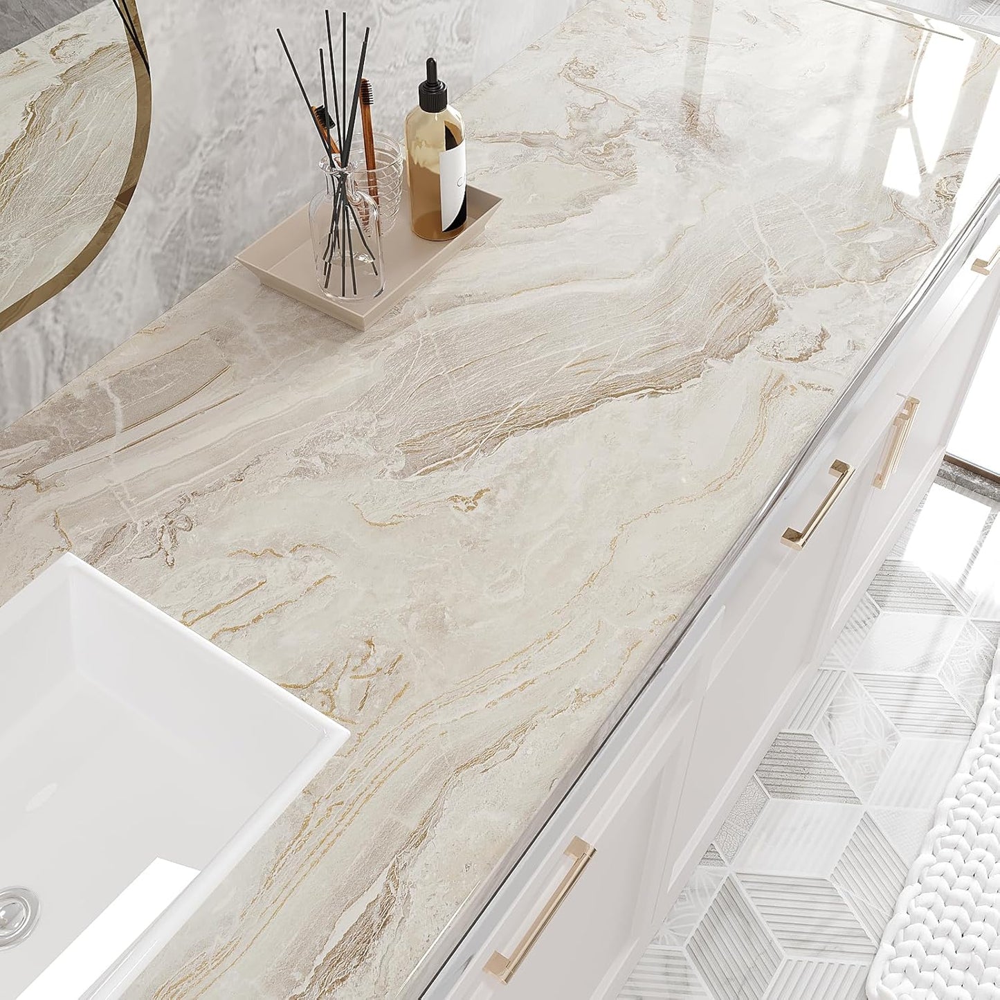 VEELIKE Wide 32''x354'' Beige Gold Marble Contact Paper for Countertops Peel and Stick Waterproof Countertop Vinyl Wallpaper for Kitchen Bathroom Glossy Marble Wallpaper Peel and Stick for Walls Table