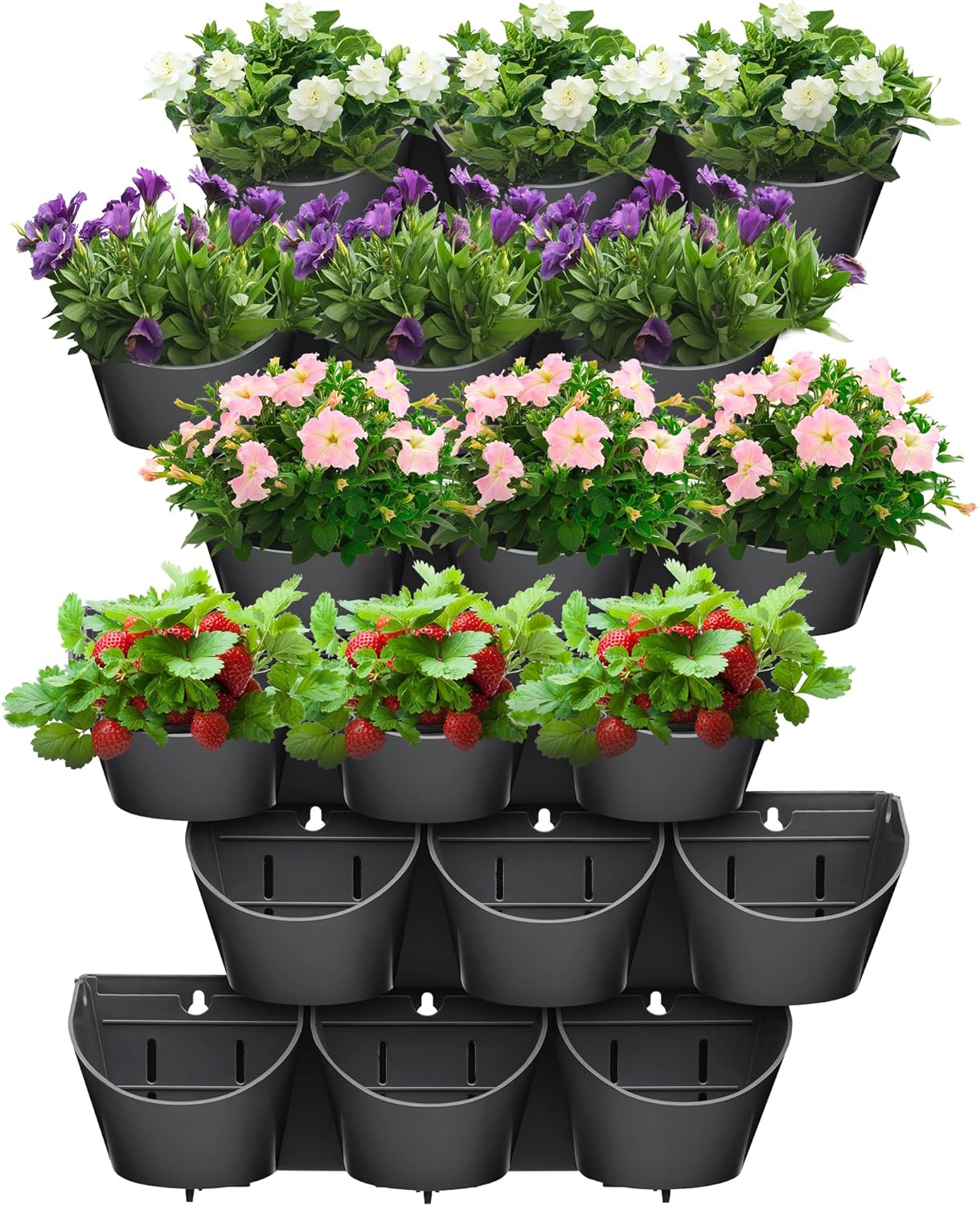 Worth Garden Upgraded 6 Sets (18 Pockets) Self Watering Stackable Vertical Planters - Wall Mounted Plastic Plant Grow Pots fr Strawberries Flowers Herbs - Indoor Outdoor Green Wall Decoration (Black)