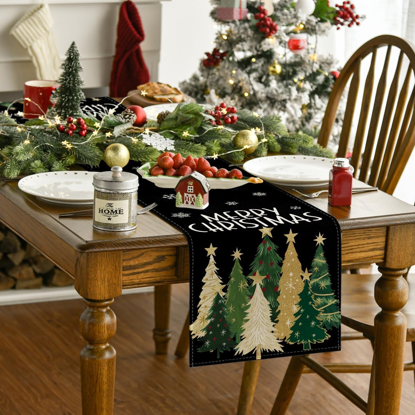 Artoid Mode Xmas Trees Snowflakes Black Merry Christmas Table Runner, Winter Seasonal Kitchen Dining Table Decoration for Home Party Decor 13x90 Inch