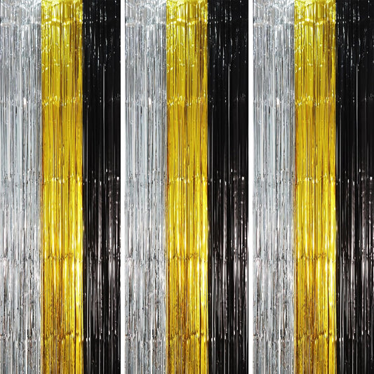 3 Pack 3.3 x 8.2 ft Black Gold Silver Foil Fringe Backdrop Curtains, Tinsel Streamers Party Decorations, Fringe Backdrop, Door Shimmer for New Years or Birthday Party
