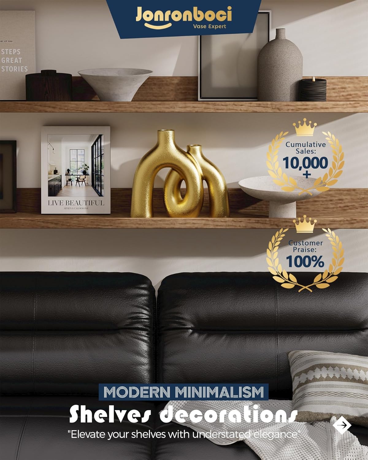 Hug Donut Decorative Vase Set - Golden Modern Classic Transitional Style Vases Home Decor, Matte Ceramic Decorations for Living Room Shelf, Bookshelf Mantle Entryway Table or Console Décor (Gold)