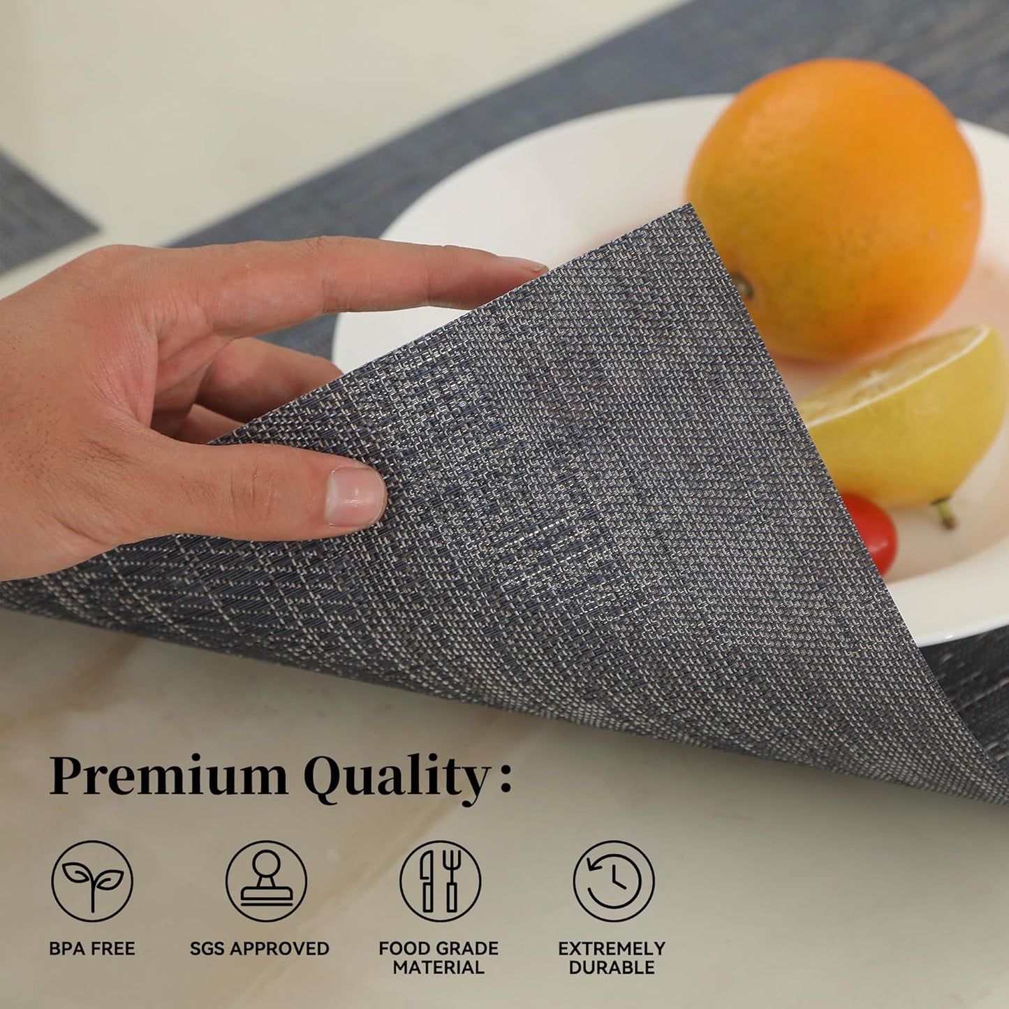 Leetaltree Denim Blue Placemats Set of 4 - Heat Resistant Non-Slip Place mats for Dining Table, Washable Durable PVC Vinyl Woven Table Mats（Denim Blue, 4）