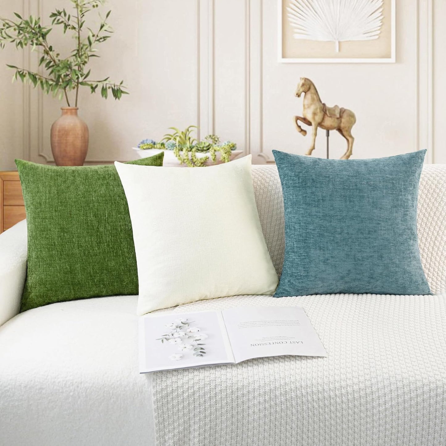 CaliTime Throw Pillow Covers Decorative 24 X 24 Inches Pack of 2 Cozy Chenille Cushion Cases for Couch Sofa Bed Living Room Home Forest Green