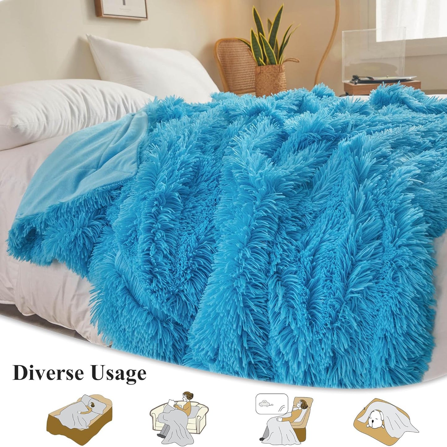 XeGe Luxury Faux Fur Throw, Blue Soft 50x60 Fluffy Blanket, Shaggy Plush Decorative Couch Cute Furry Bed Throw Fuzzy Office Lap Blanket for Bedroom Living Room Sofa Chair, Blue