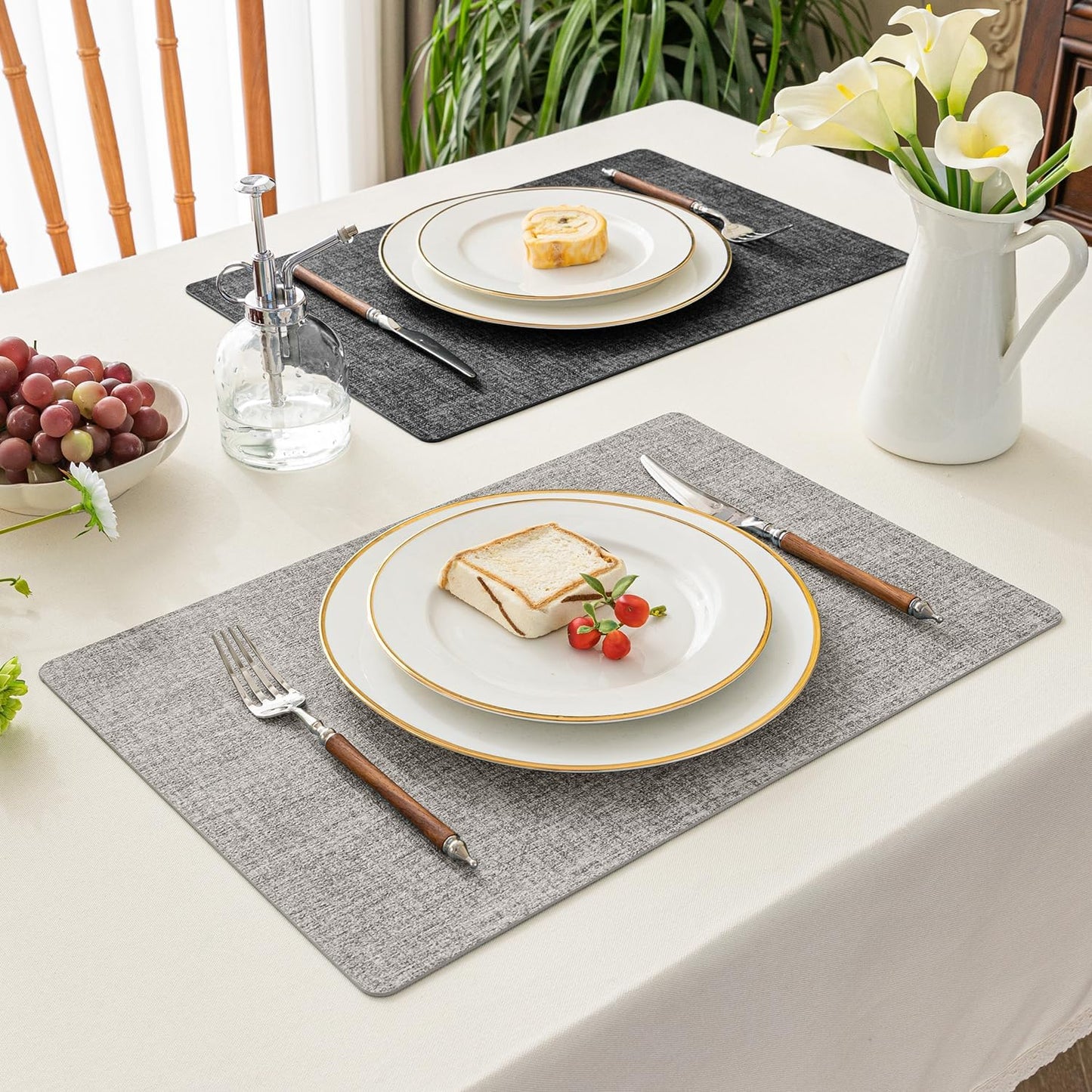 Romanstile Reversible Vinyl Placemats Set of 6, Faux Leather 100% Waterproof Oil-proof Wipeable Place Mats, Heat Resistant Dual Sided Table Mats for Kitchen/Dining/Party (Grey Light Grey, 12 x 17 Inch