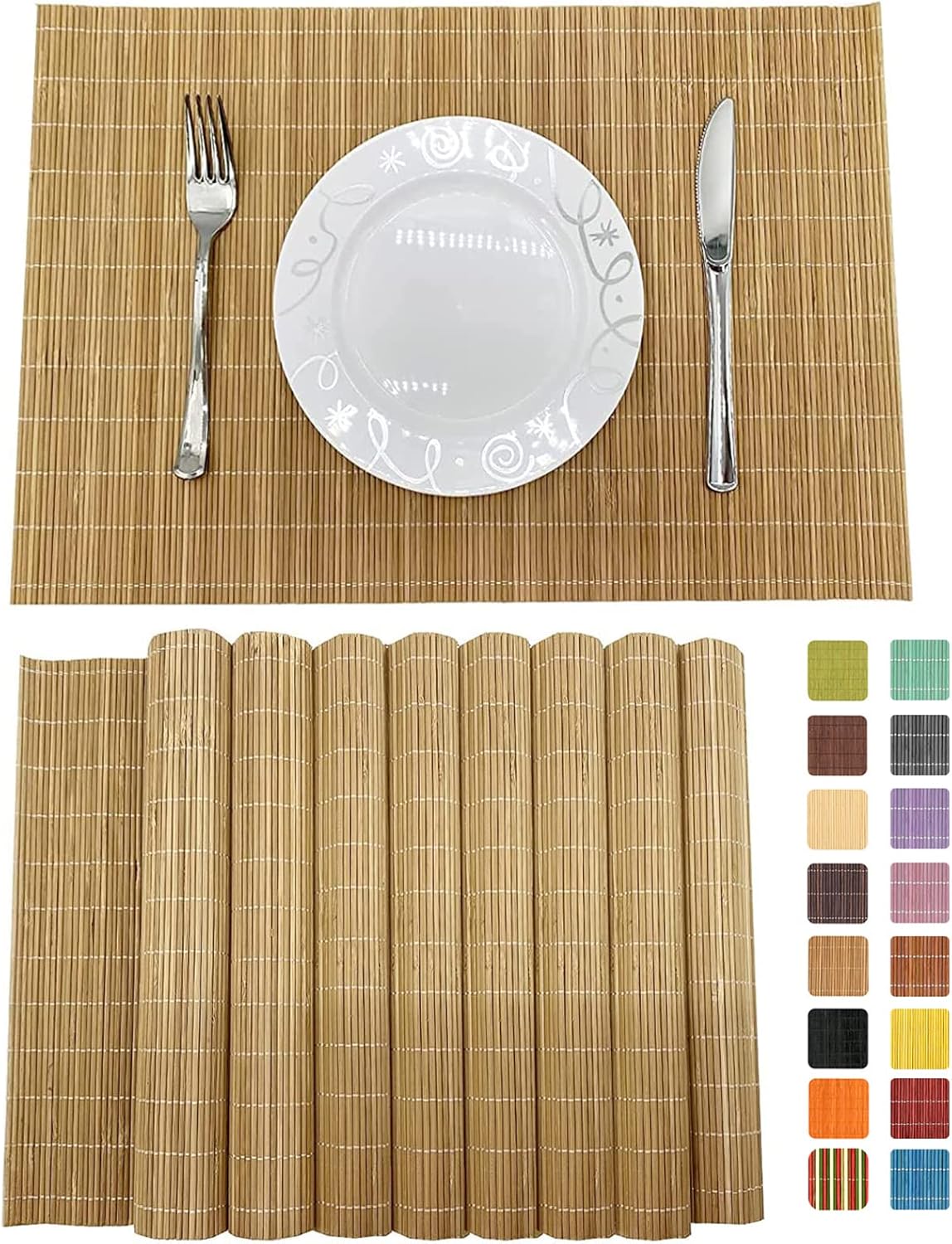 ANDSTAR Set of 8 Pcs Bamboo Placemats Sushi Rolling Mat Japanese Style Natural Anti-Slip, Washable Heat-Resistant Table Mats for Dining Room and Kitchen（Brown）