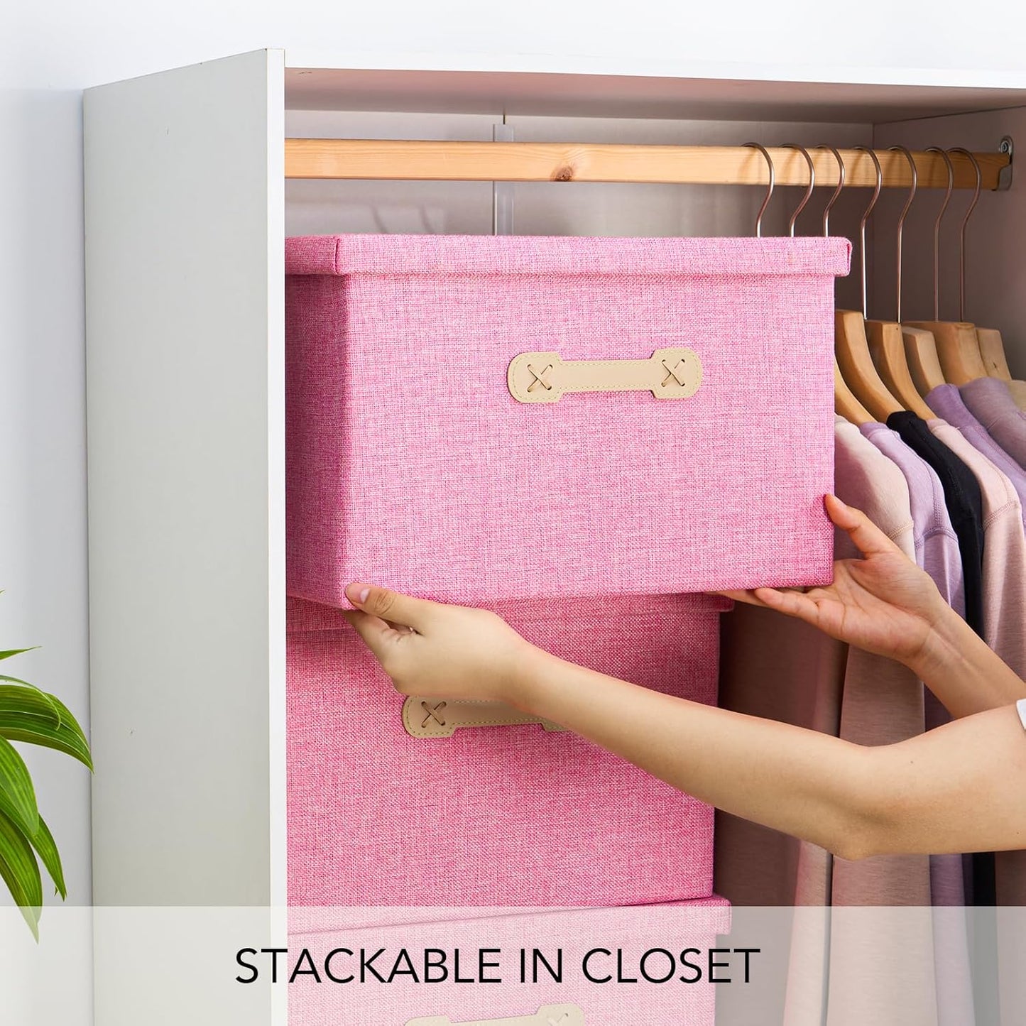 Enzk&Unity Decorative Storage Bins with Lids, Fabric Linen Foldable Storage Box with Handle Home Organizer for Shelf, Closet, Bedroom, Living Room, Office, 3 Packs, Pink