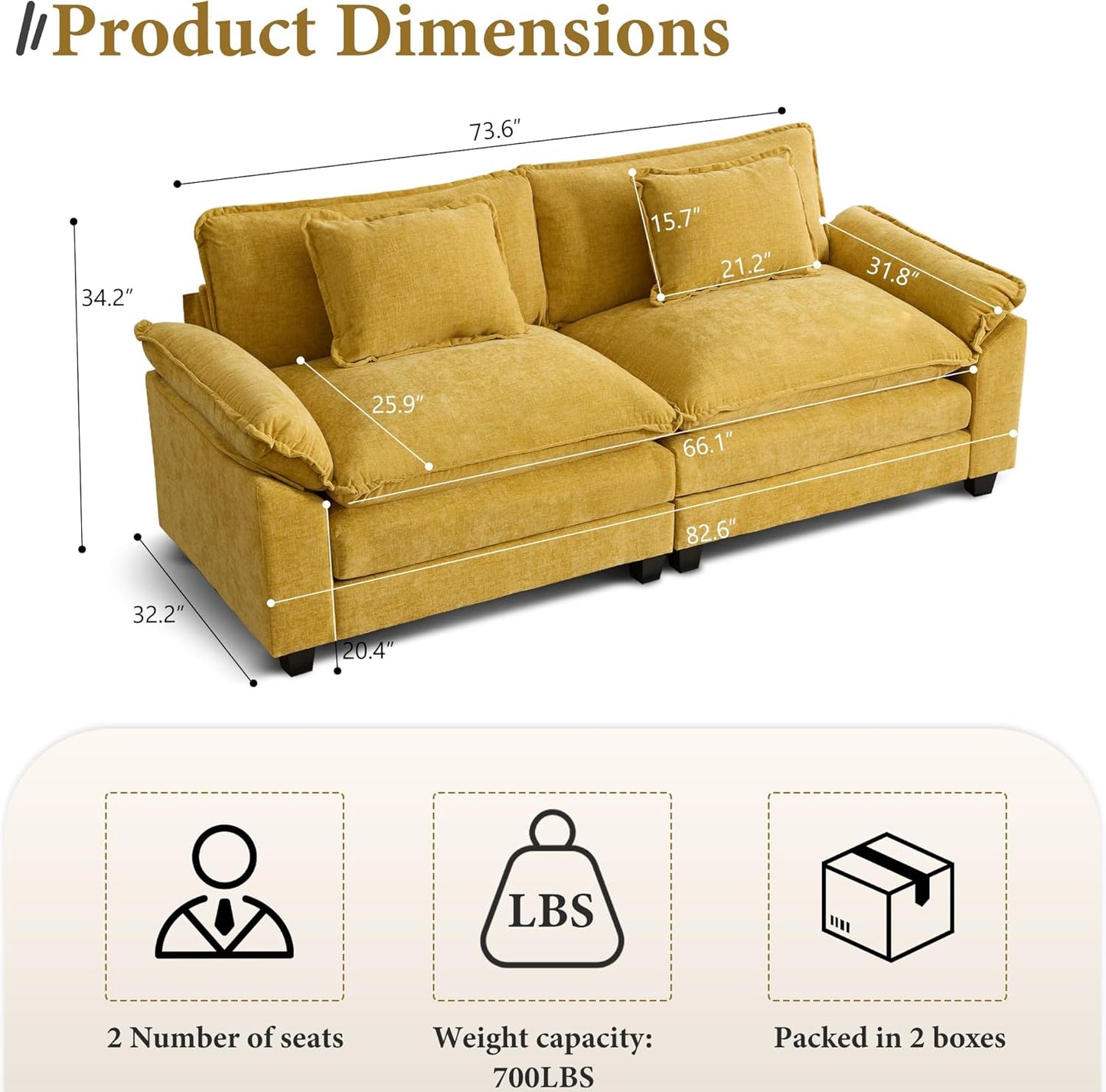 URRED Modular Sectional Sofa Comfy Cloud Couch, Modern Chenille Loveseat Sofa Sleeper Deep Seat Couches with Pillows for Living Room (Yellow, 82.6'')