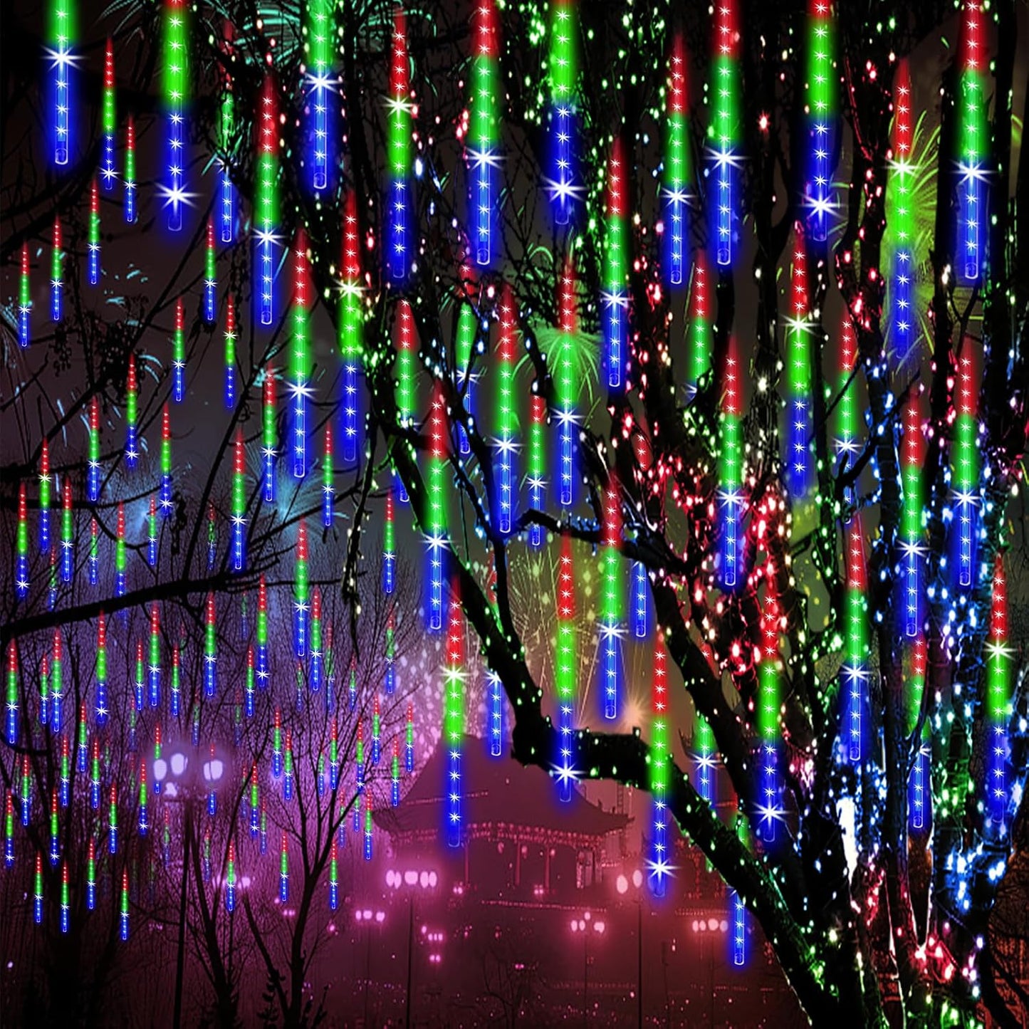 Meteor Shower Lights Outdoor Christmas Lights 24-Tube 576LEDs Snow Falling Rain Cascading Icicle Light for Christmas Tree Decorations Wedding Party Holiday Garden Decor, UL Plug Multi Color
