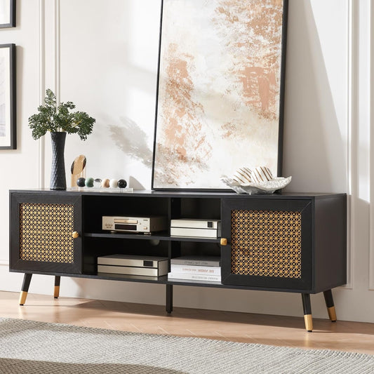JYED Mid Century Modern TV Stand and Console for TVs Up to 75" - Black Entertainment Center, 2 Gold Metal Mesh Doors & MDF Wood Grain, 15.8" D x 66" W x 23.5" H