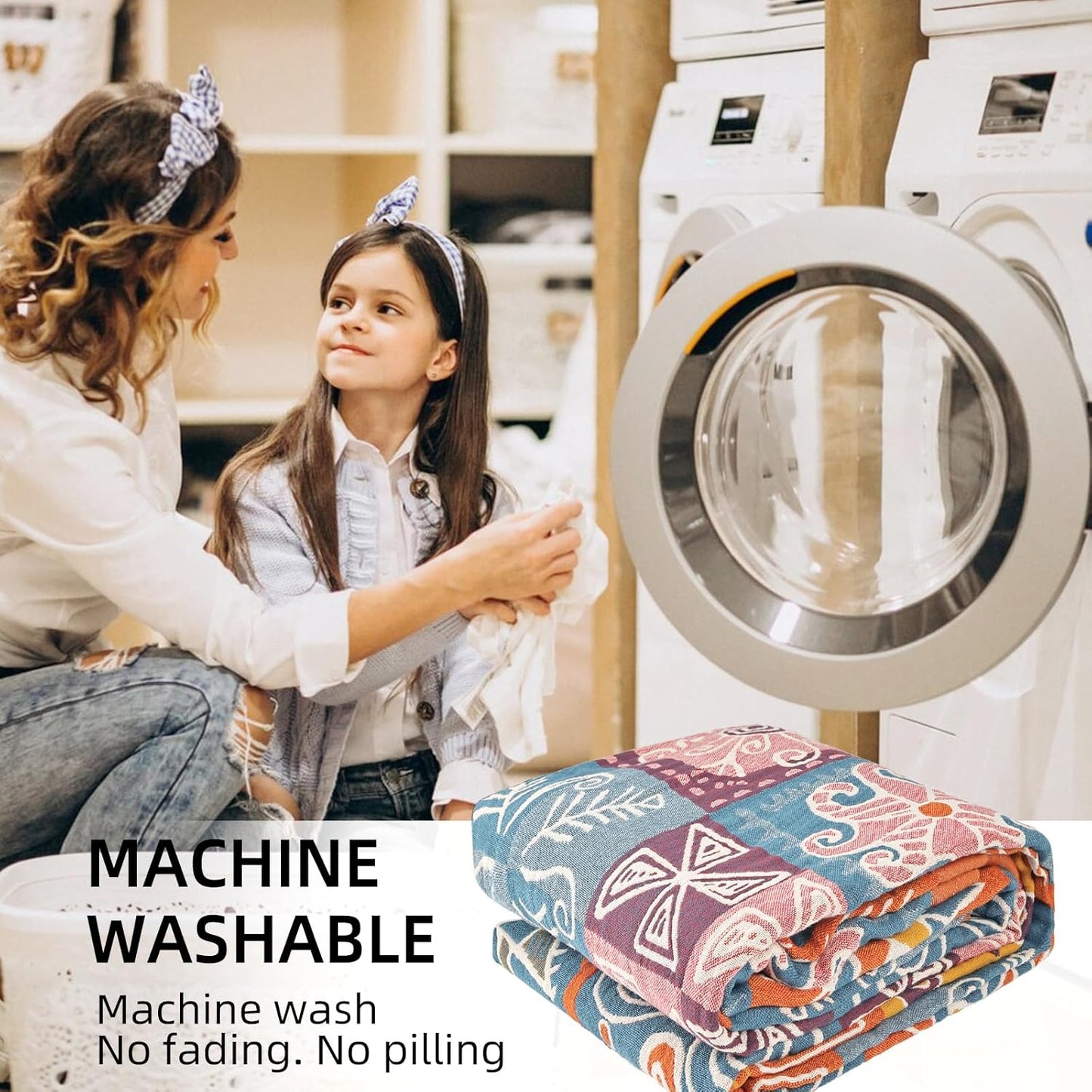 Boho Throw Blanket for Bed - 100% Pure Cotton Ultra Soft Rustic Quilt - Farmhouse Decor Bed Blankets, All Season Rustic Throw for Sofa Couch Chair(80''x 90'', Art Squares)