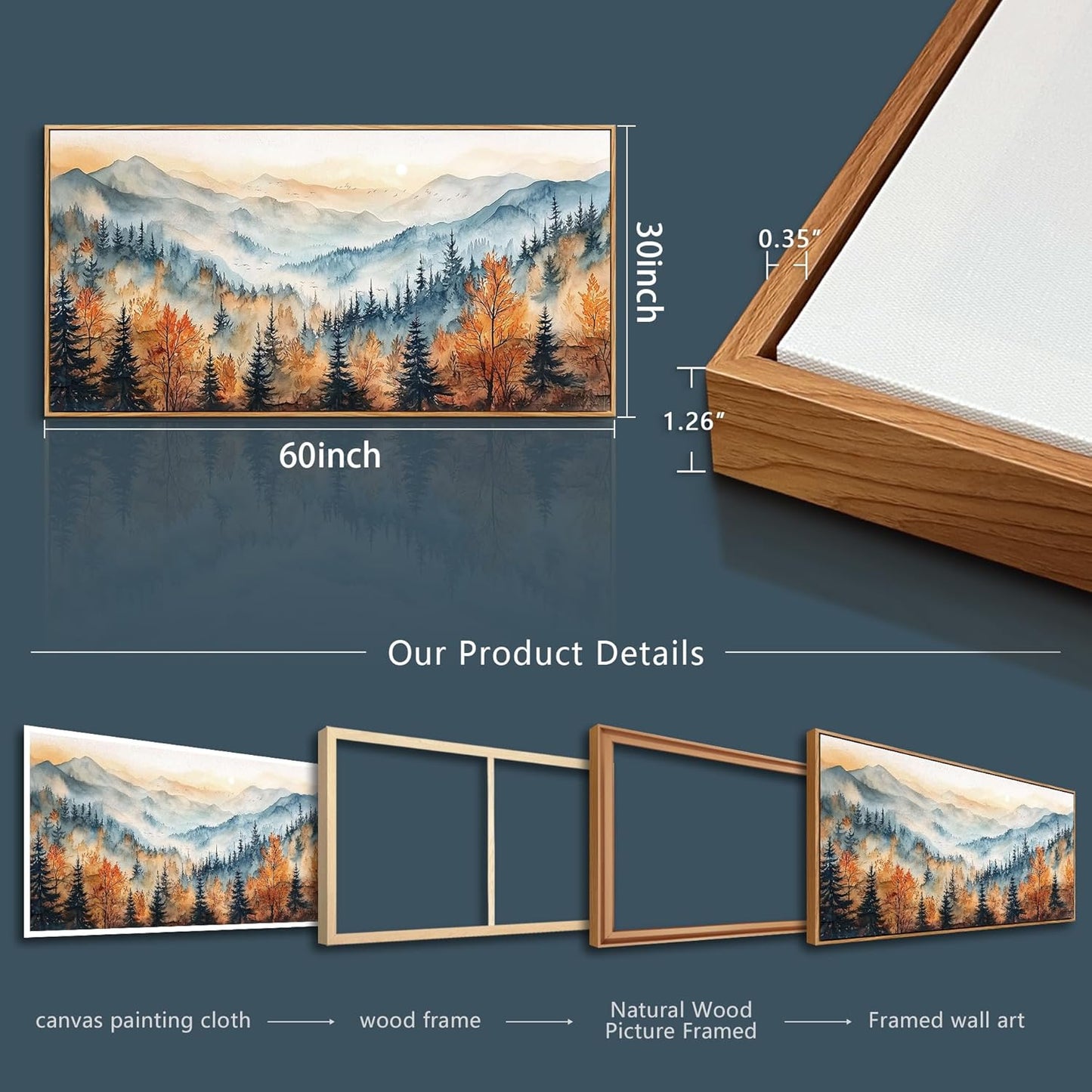 KELIYUAN Large Canvas Wall Decor For Living Room Wood Framed Wall Art For Bedroom Office Farmhouse Murals Abstract Mountain Forest ainting Wall Pictures Restaurant Modern Room Home Decor 30"X60"