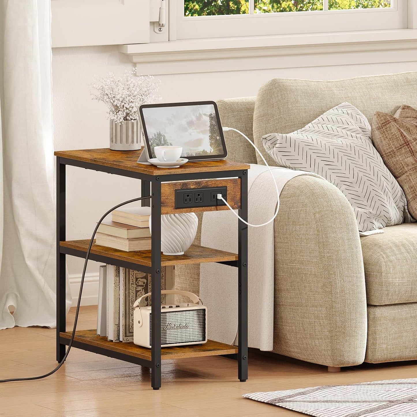 HOOBRO End Table with Charging Station, Simple Rustic Side Table with 3-Tier Storage Shelf, Narrow Nightstand for Small Spaces, for Living Room, Industrial Design, Rustic Brown and Black BF149UBZ01