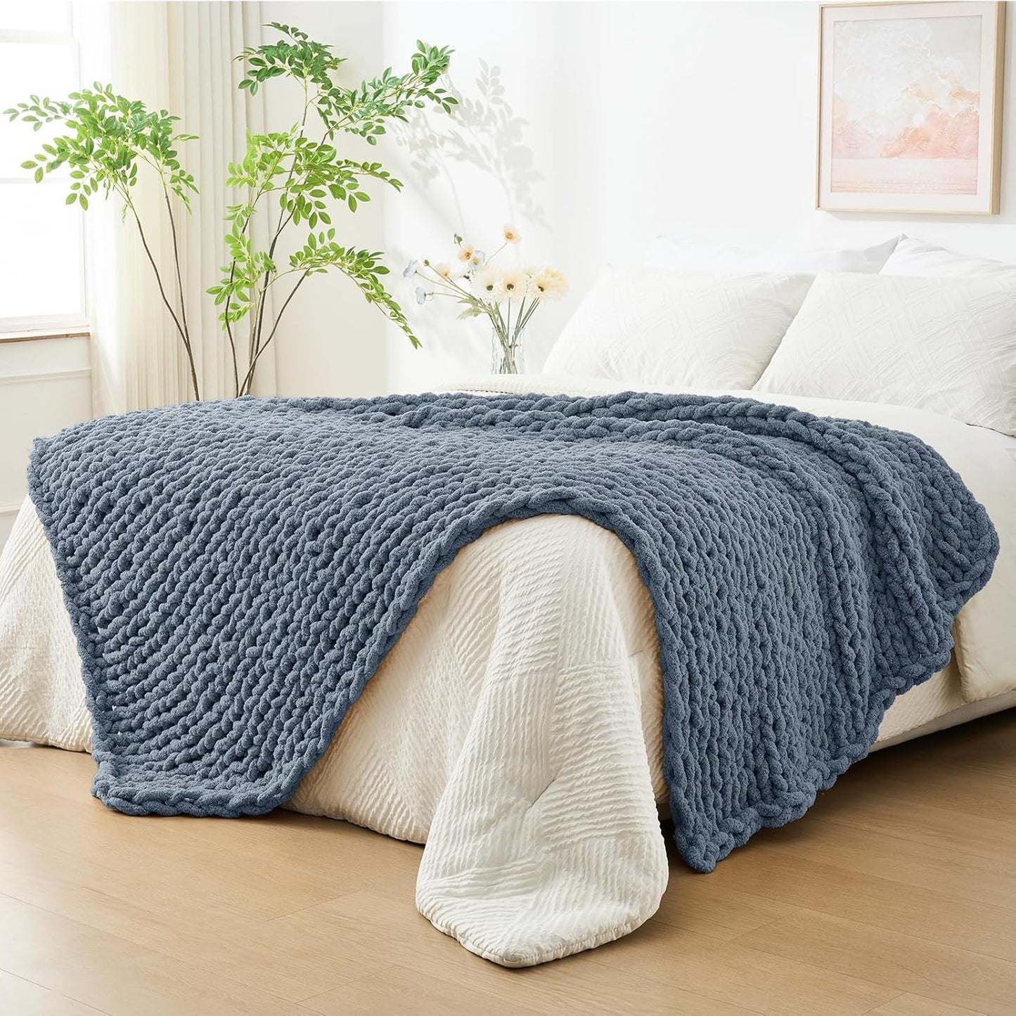 Bigacogo Chunky Knit Throw Blanket for Couch, 40x80 inches, 100% Hand Knitted with Thick Jumbo Chenille Yarn, Cozy Soft Large Rope Knot Cable Crochet Blankets for Sofa Bed Living Room, Cold Sea Blue