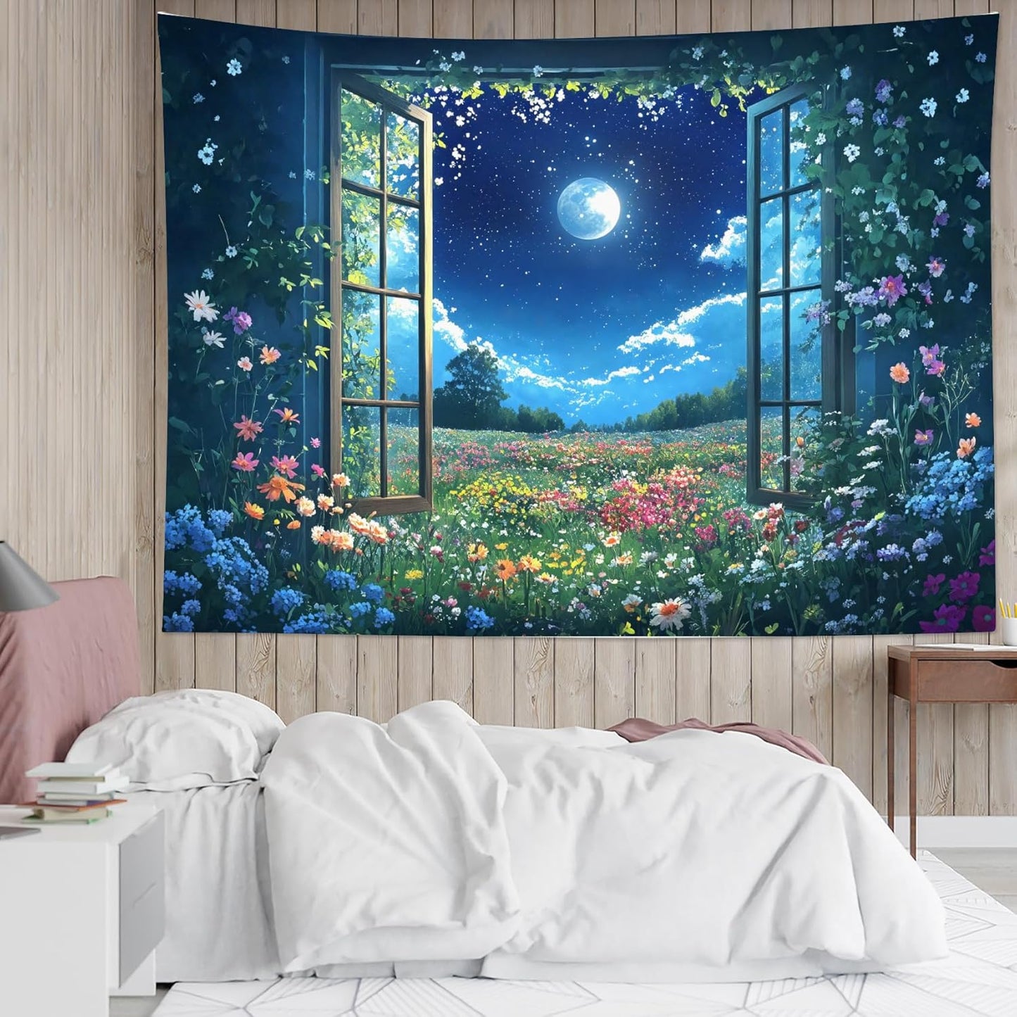 LB Wildflower Moon Tapestry, Green Plant Outside Window and Colorful Floral Wall Tapestry for Bedroom, Garden Wall Art for Living Room Dorm Home Decor Ready to Hanging, 80 x 60 Inches