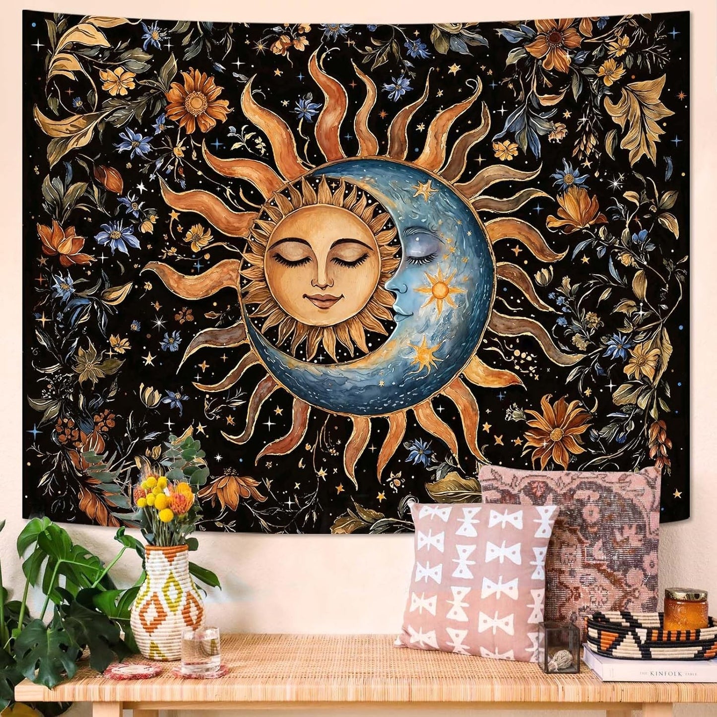Aipon Sun and Moon Tapestry for Bedroom Boho Vintage Floral Hippie Wall Tapestry Aesthetic Retro Flower Plant Small Tapestries Wall Hanging for Living Room Dorm Decor 48 x 36 Inch