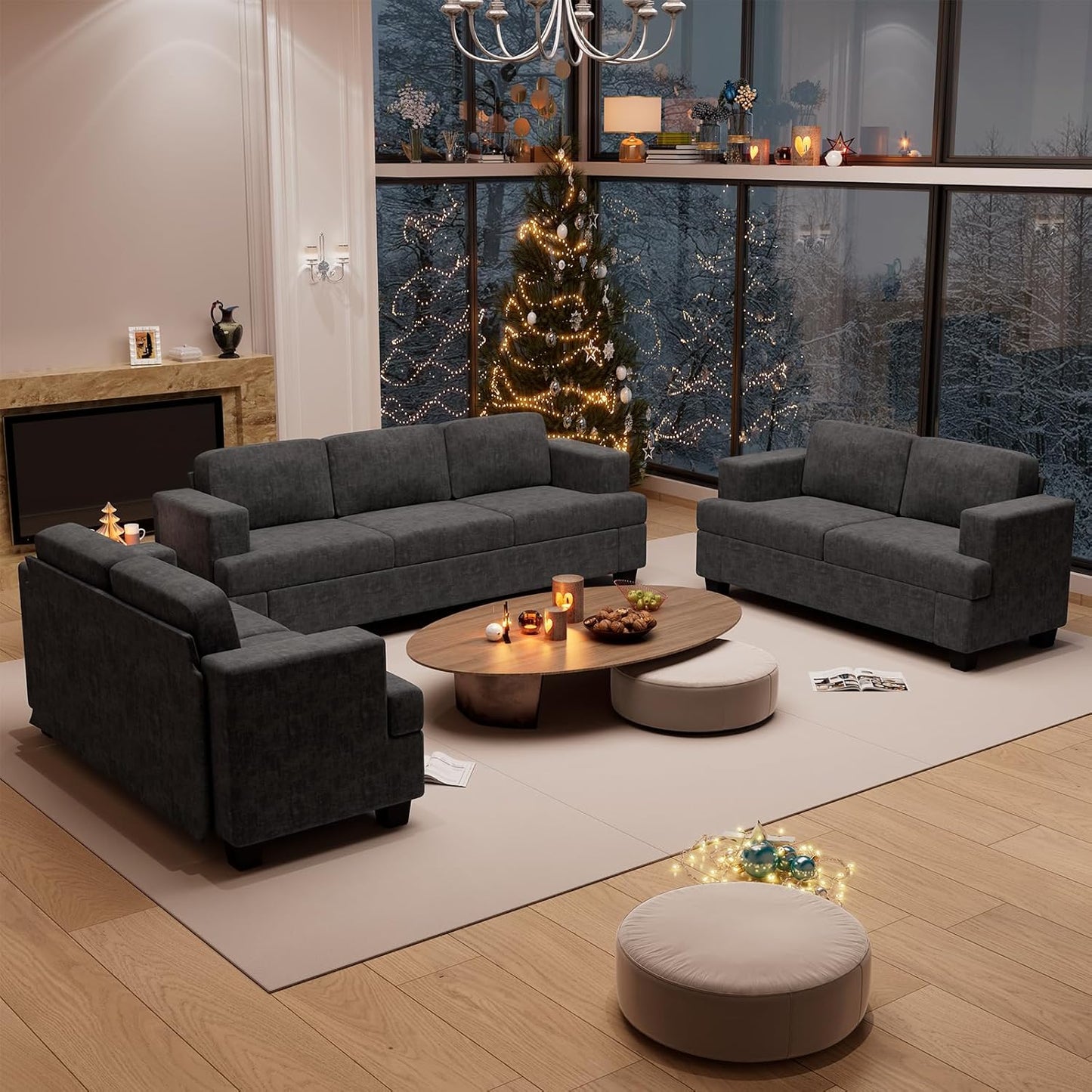 Sofa Couch, 3 Piece Set Comfy Sofa, 2 Loveseat & 3 Seater Sofa with Deep Seats for Living Room, Modern Sleeper Couch, Dark Grey Chenille