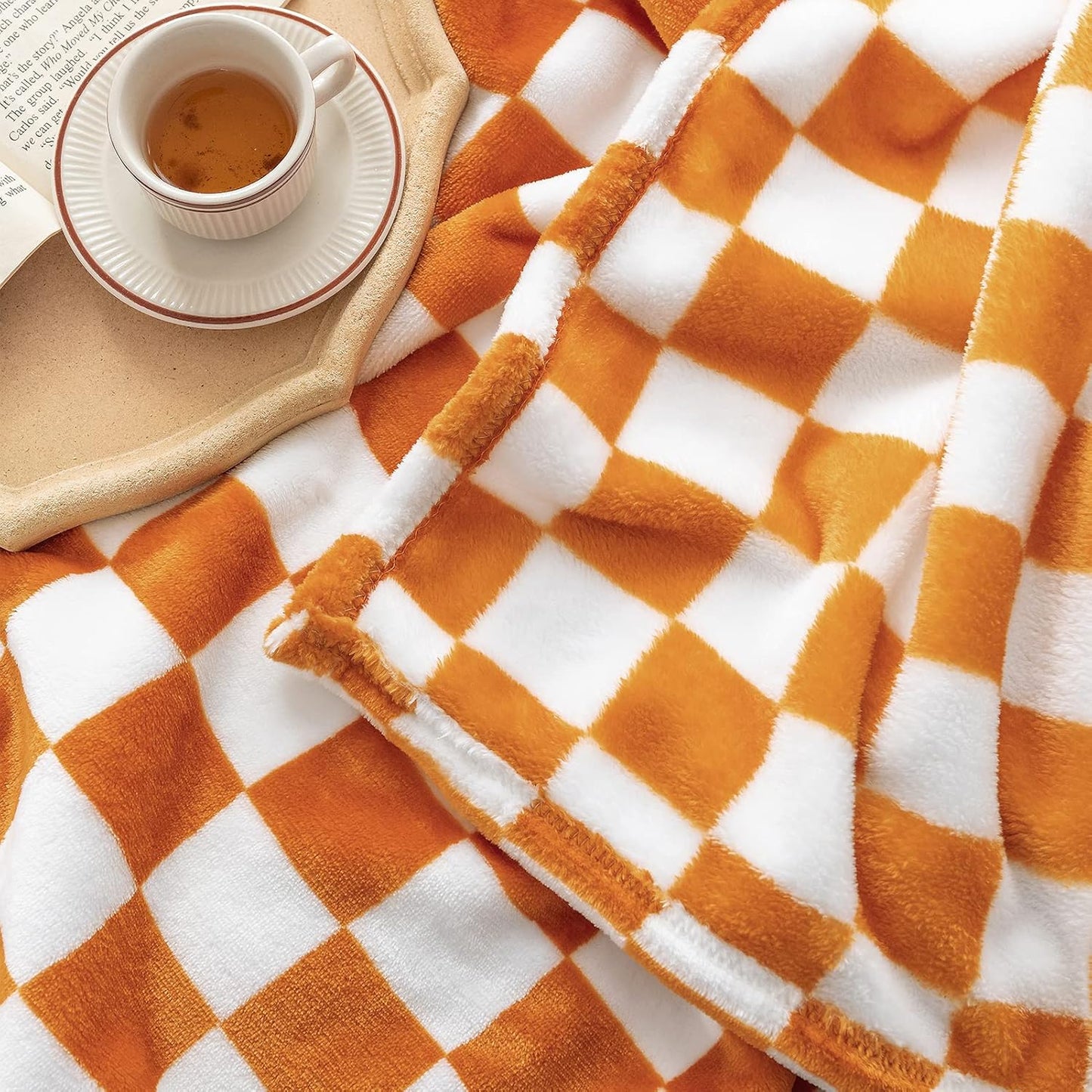 LOMAO Throw Blankets Flannel Blanket with Checkerboard Grid Pattern Soft Throw Blanket for Couch, Bed, Sofa Luxurious Warm and Cozy for All Seasons (Orange, 90"x90")