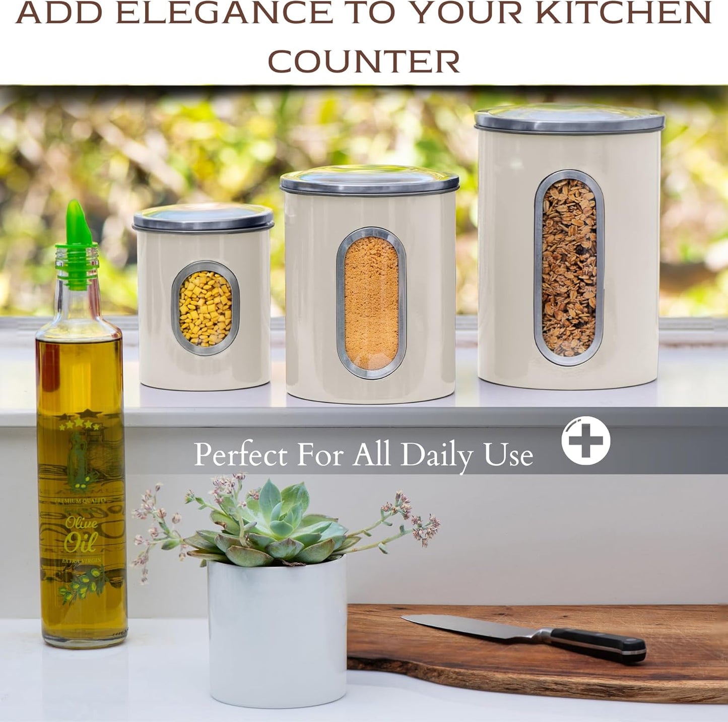 Moss & Stone 3-Piece Beige Canisters Sets For The Kitchen, Airtight Canister Set With See Through Window, Storage Jars for Coffee Container, Tea Organizer & Sugar Canister, Beige Kitchen Canisters