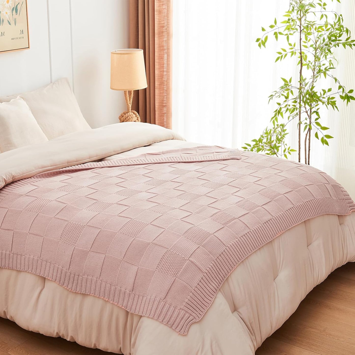 CozeCube Check Knit Throw Blanket, Pink Checkered Throw for Couch, Decorative Christmas Soft Cozy Warm Knitted Blanket for Bed Sofa Living Room, 50"X60"