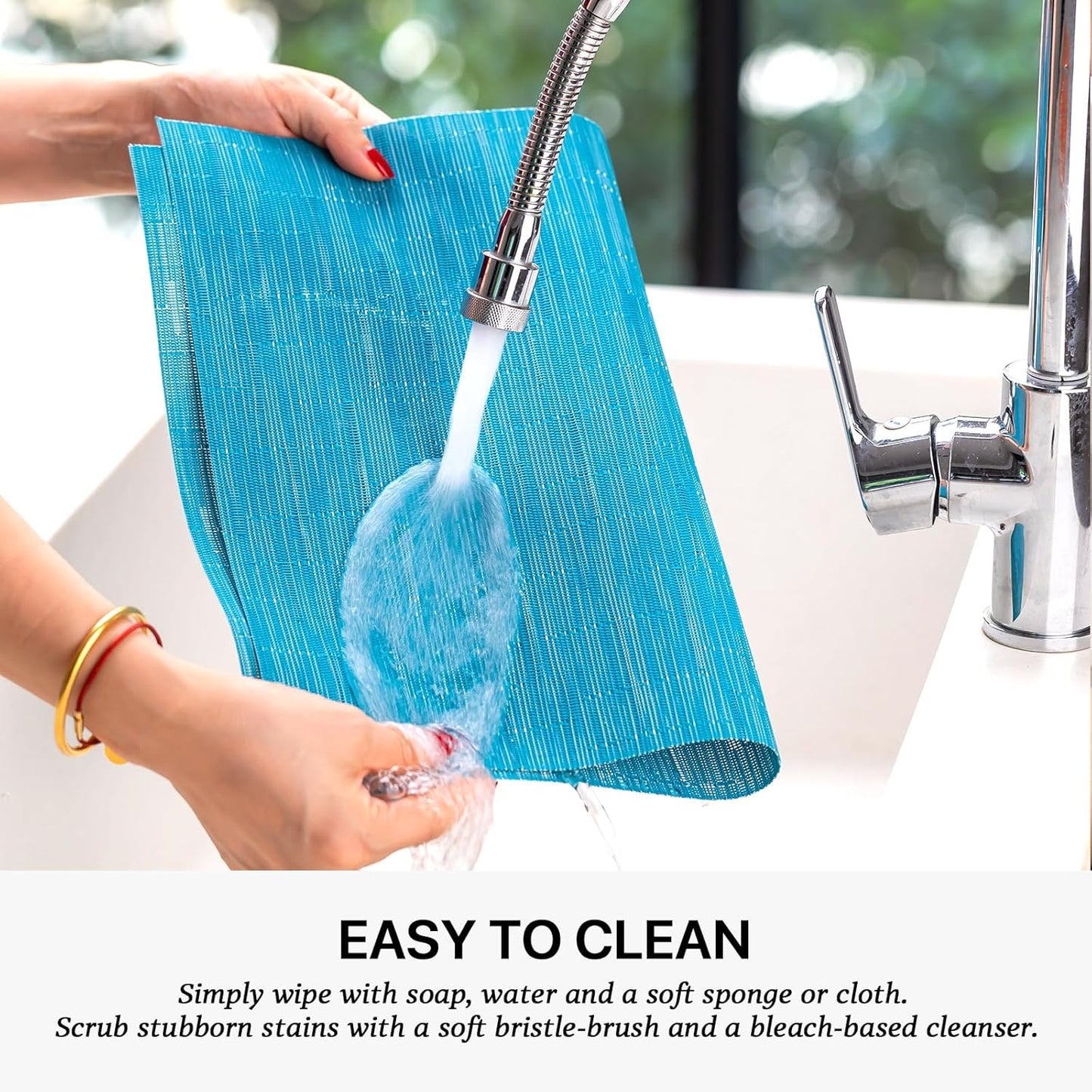 LEXMORE Placemats Set of 4 Vinyl/Plastic Woven Place Mats for Kitchen Table Indoor/Outdoor Washable Placemat Wipeable Dining Table Mats(Teal Blue)