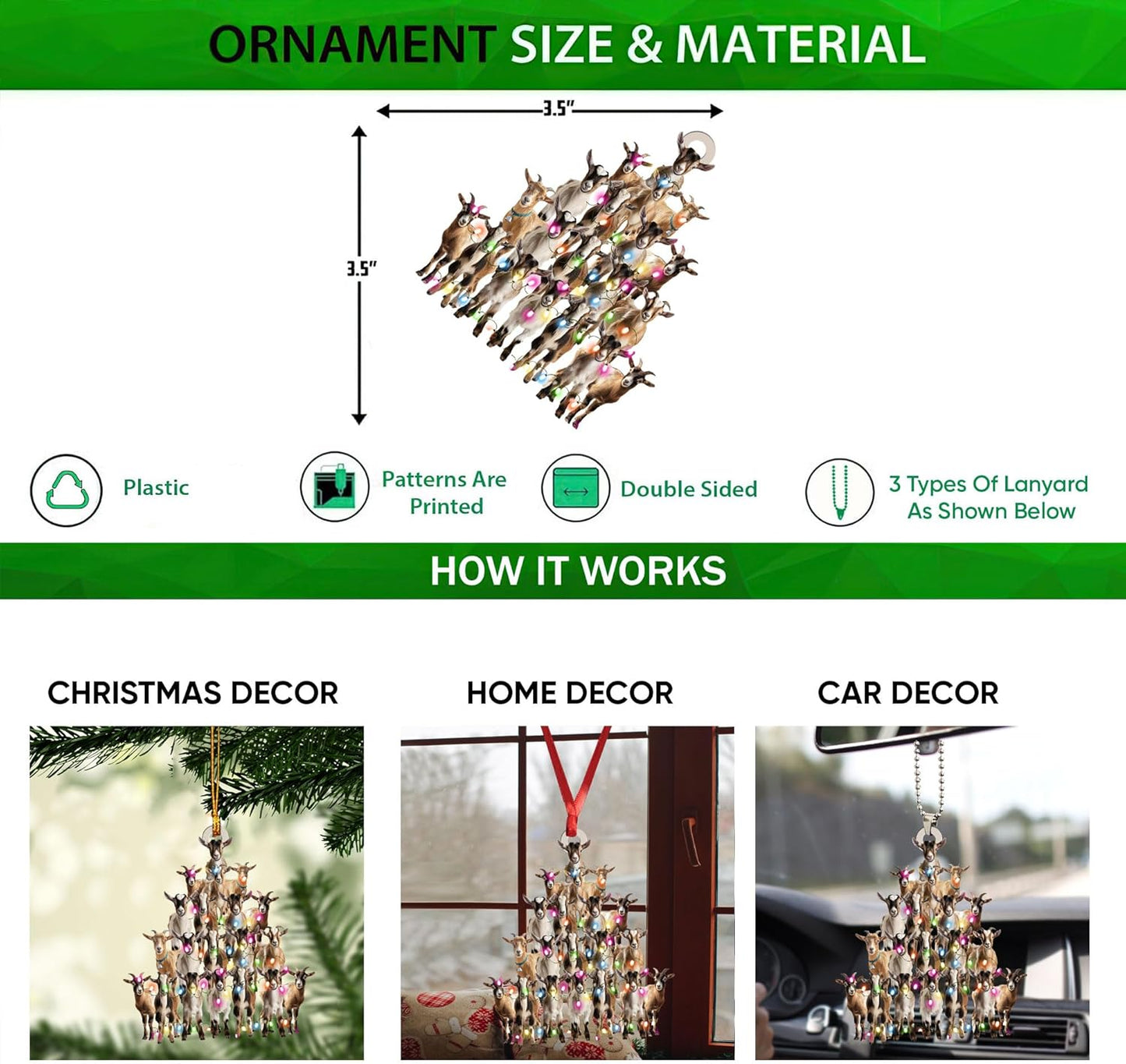 Talataca Goat 2D Flat Christmas Ornament, Goat Farm Animal Christmas Pine Tree Shape with String Light Pine Tree Decor, Hanging House Charm Eve Keepsake, Car Rear View Mirror Accessories, Xmas Gift