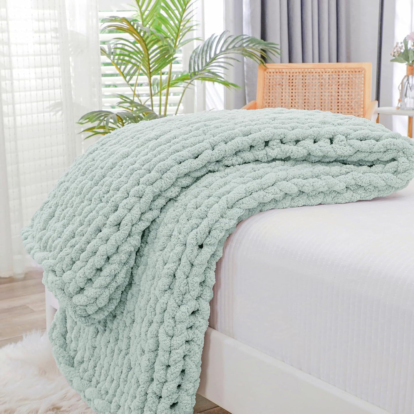 Bigacogo Chunky Knit Throw Blanket for Couch, 40x60 inches, 100% Hand Knitted with Thick Jumbo Chenille Yarn, Cozy Soft Large Rope Knot Cable Crochet Blankets for Sofa Bed Living Room, Mint