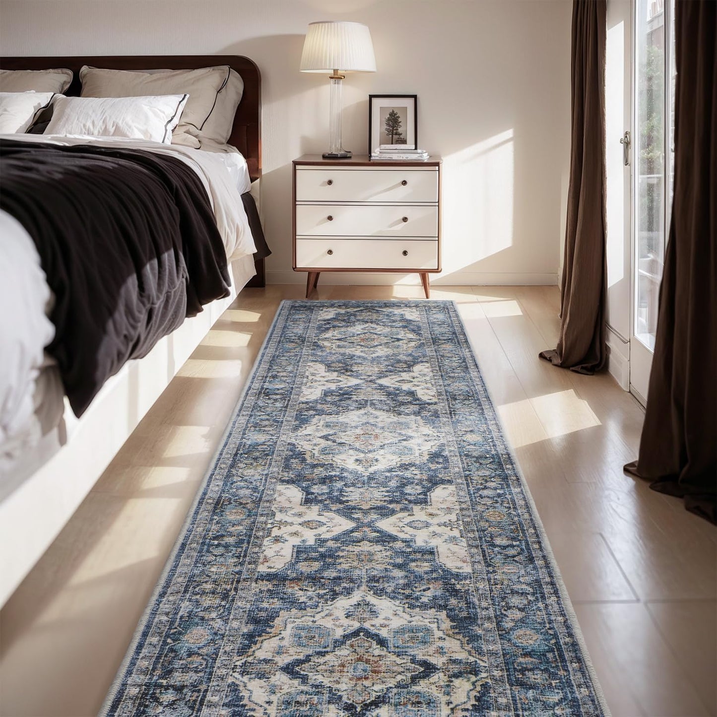 AMOAMI-2X6 Runner Rug-Washable Runners for Hallways-Soft Non Slip Bedside Rugs for Bedroom-Vintage Long Rug for Hallways Entryway Laundry Room Stair Kitchen Bathroom Blue