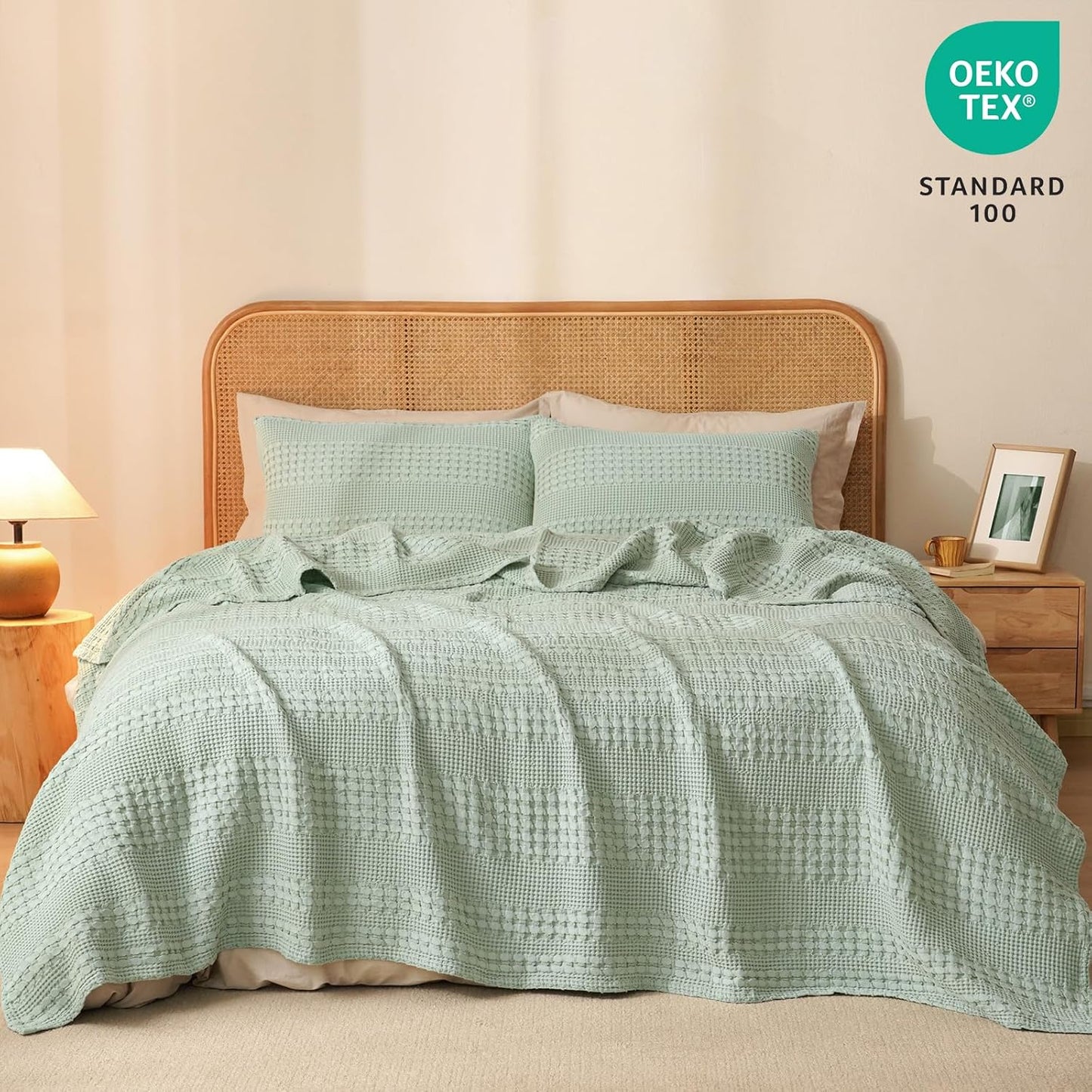 PHF 100% Cotton Waffle Weave Blanket King Size, Soft Lightweight Breathable Cozy Summer Blankets for Bed, Luxury Aesthetic Woven Bedding for Home Decor, 108"x90", Sage Green