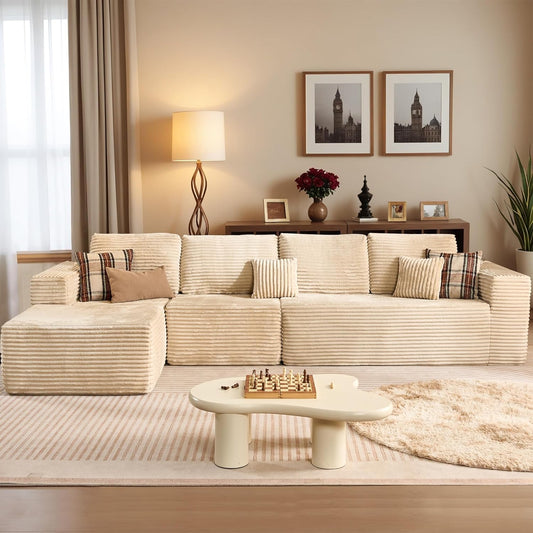 HOOOWOOO Cloud Sectional Couches for Living Room,Modular Sectional Sofa No Assembly,141X70 Inch Plush Corduroy Large L Shaped Floor Couch Set with Deep Seat Chaise(Beige)