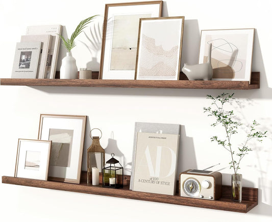 Fun Memories Picture Ledge Shelves Set of 2, 36 Inch Rustic Wall Mounted Floating Shelves with Lip for Home Storage and Décor in Bathroom, Kitchen, Nursery, Bedroom, Living Room, Walnut