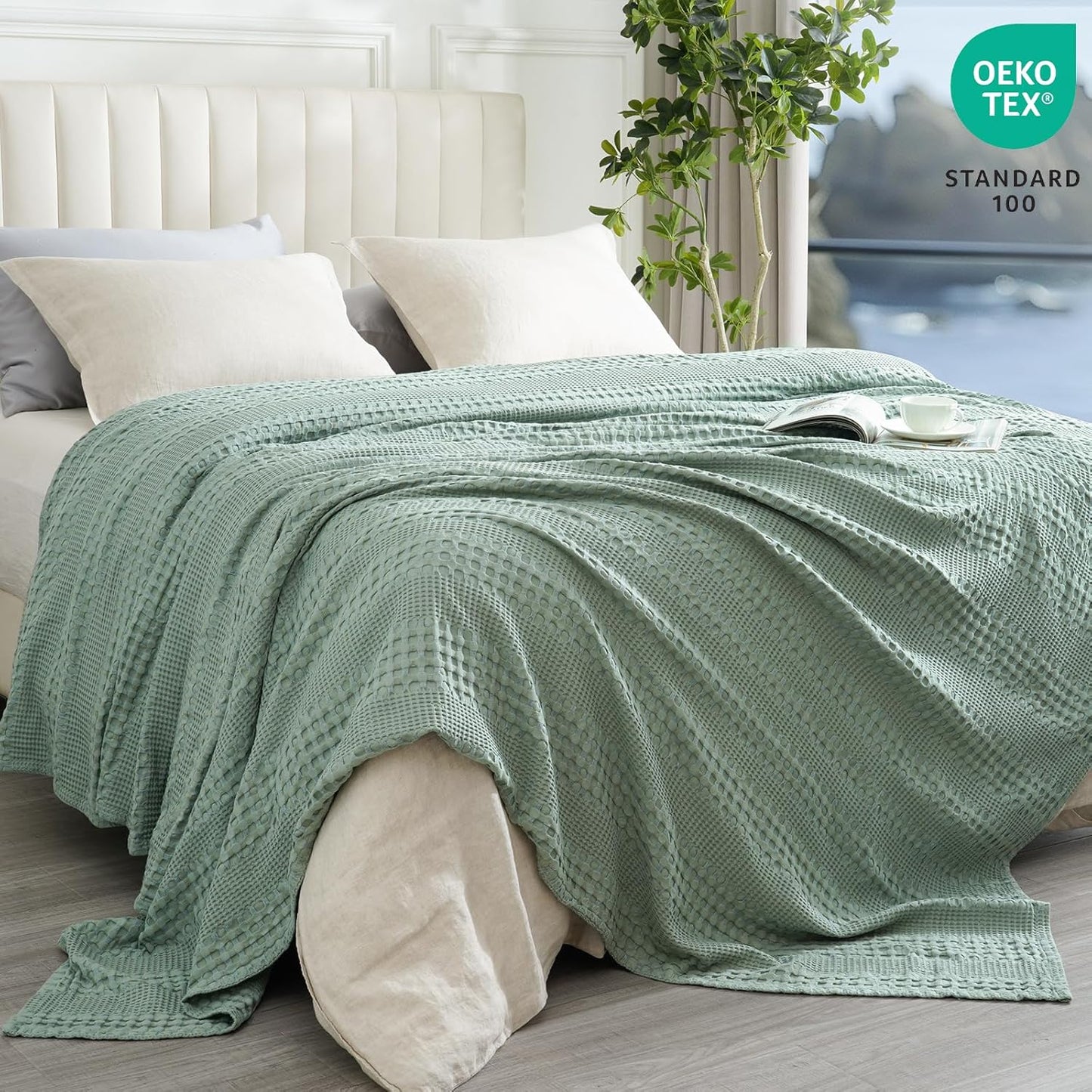 PHF Cooling Waffle Blanket King Size, Lightweight 60% Rayon Derived from Bamboo & 40% Cotton Breathable Blanket for Hot Sleepers, Soft and Luxury for Bed Couch and Sofa, 104"x90", Sage Green