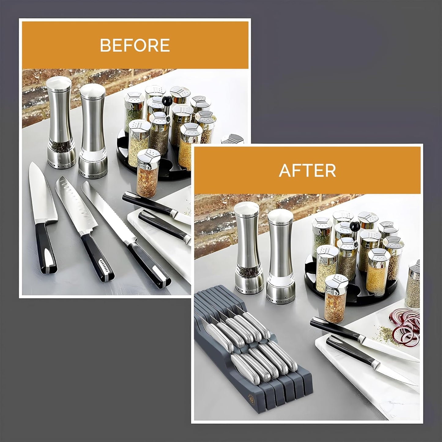 In-Drawer Knife Block - Bamboo Knife Drawer Organizer for Kitchen - Fits 5 Long + 6 Short Knives, Store Knives with Blades Pointing Down - Wooden Steak knife Holder without Knives (Grey)