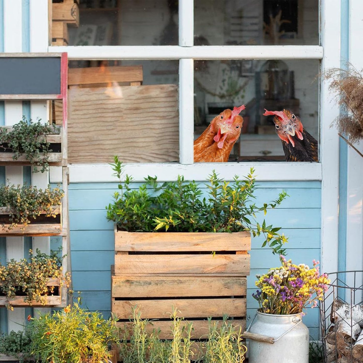 Funny Chicken Wall Decals - Peel & Stick - 2 Hens Head Window Cling - Cute Chicken Window Stickers - Gift Decal