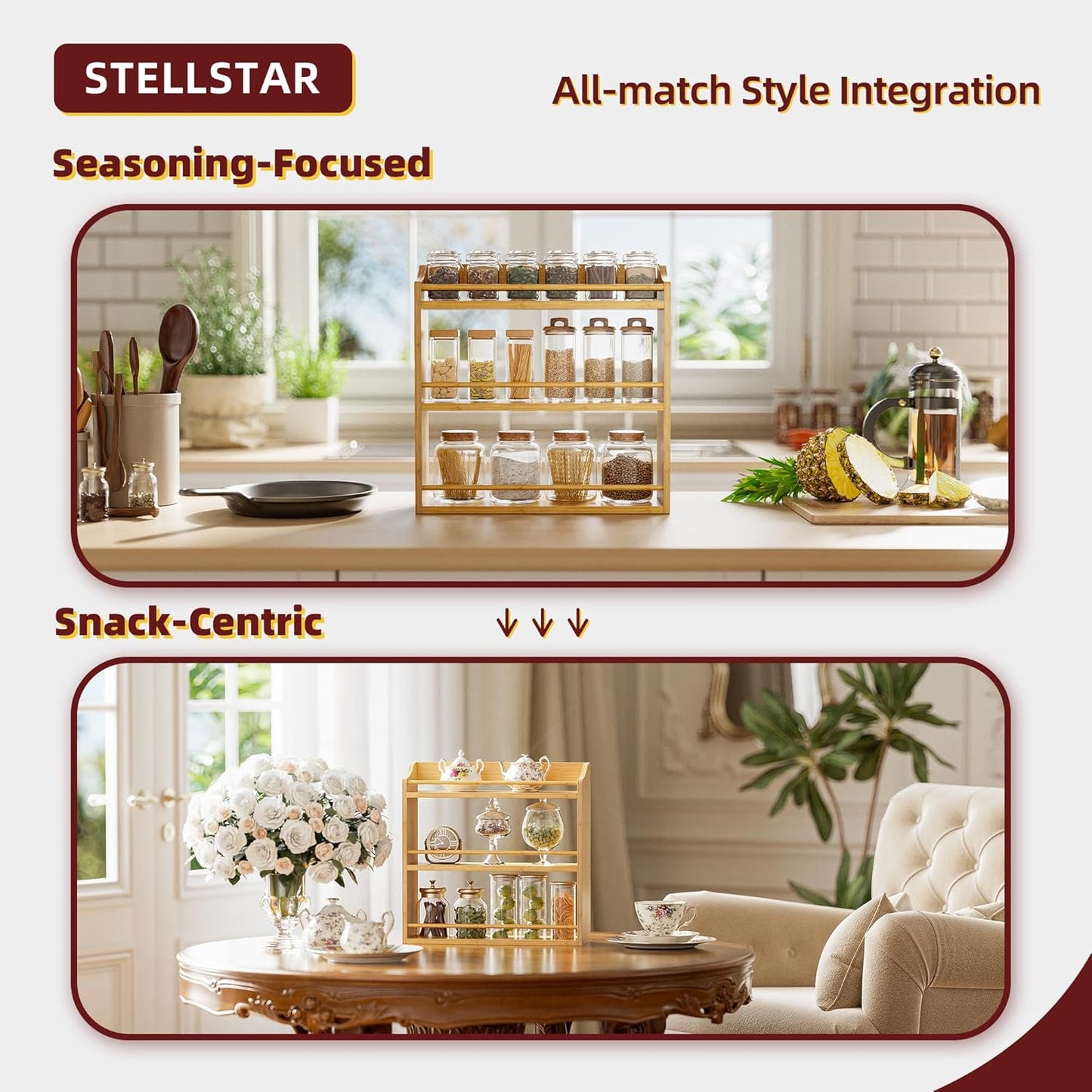 Spice Rack Wall Mounted, Spice Organizer for Counter, Bamboo Spice Storage Holder for Kitchen Cabinet, Pantry (Spice Jars Not Included, Natural)