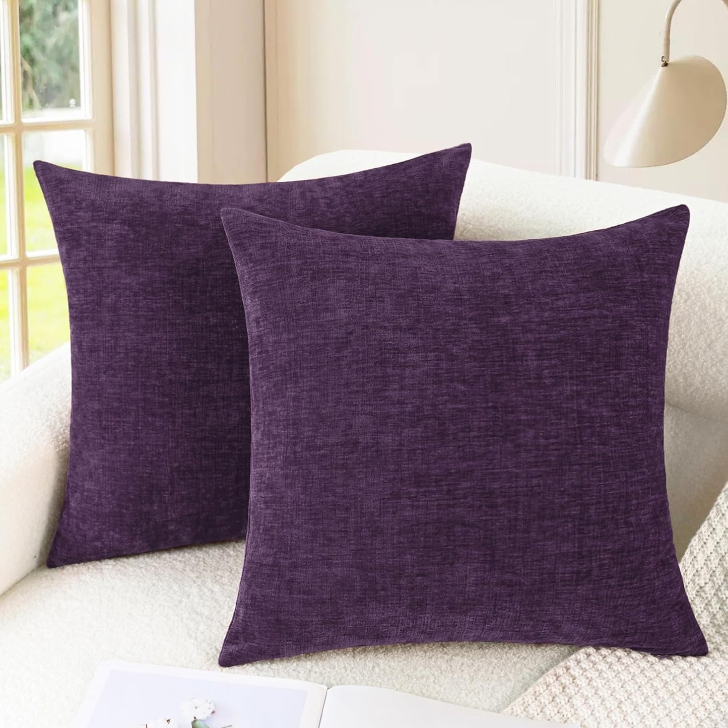 CaliTime Throw Pillow Covers Decorative 24 X 24 Inches Pack of 2 Cozy Chenille Cushion Cases for Couch Sofa Bed Living Room Home Plum Purple