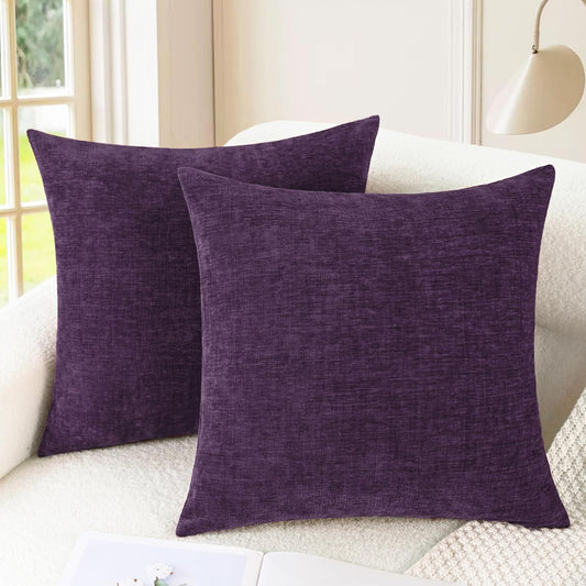 CaliTime Throw Pillow Covers Decorative 24 X 24 Inches Pack of 2 Cozy Chenille Cushion Cases for Couch Sofa Bed Living Room Home Plum Purple