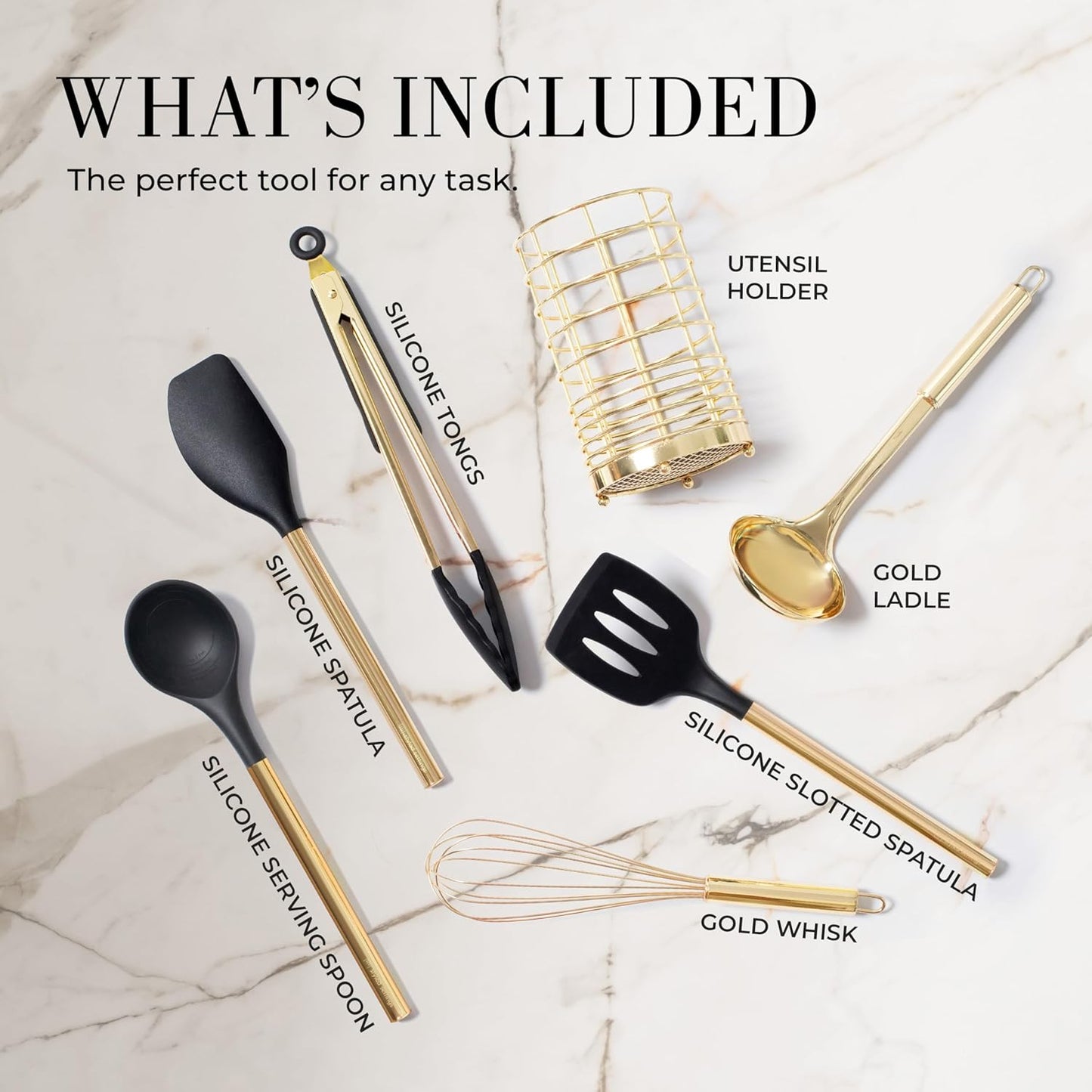 Styled Settings Black and Gold Cooking Utensils Set - 7-Piece Silicone Utensils Set Include Spatula Holder for Nonstick Cookware and Modern Kitchens - Stylish Black and Gold Kitchen Accessories