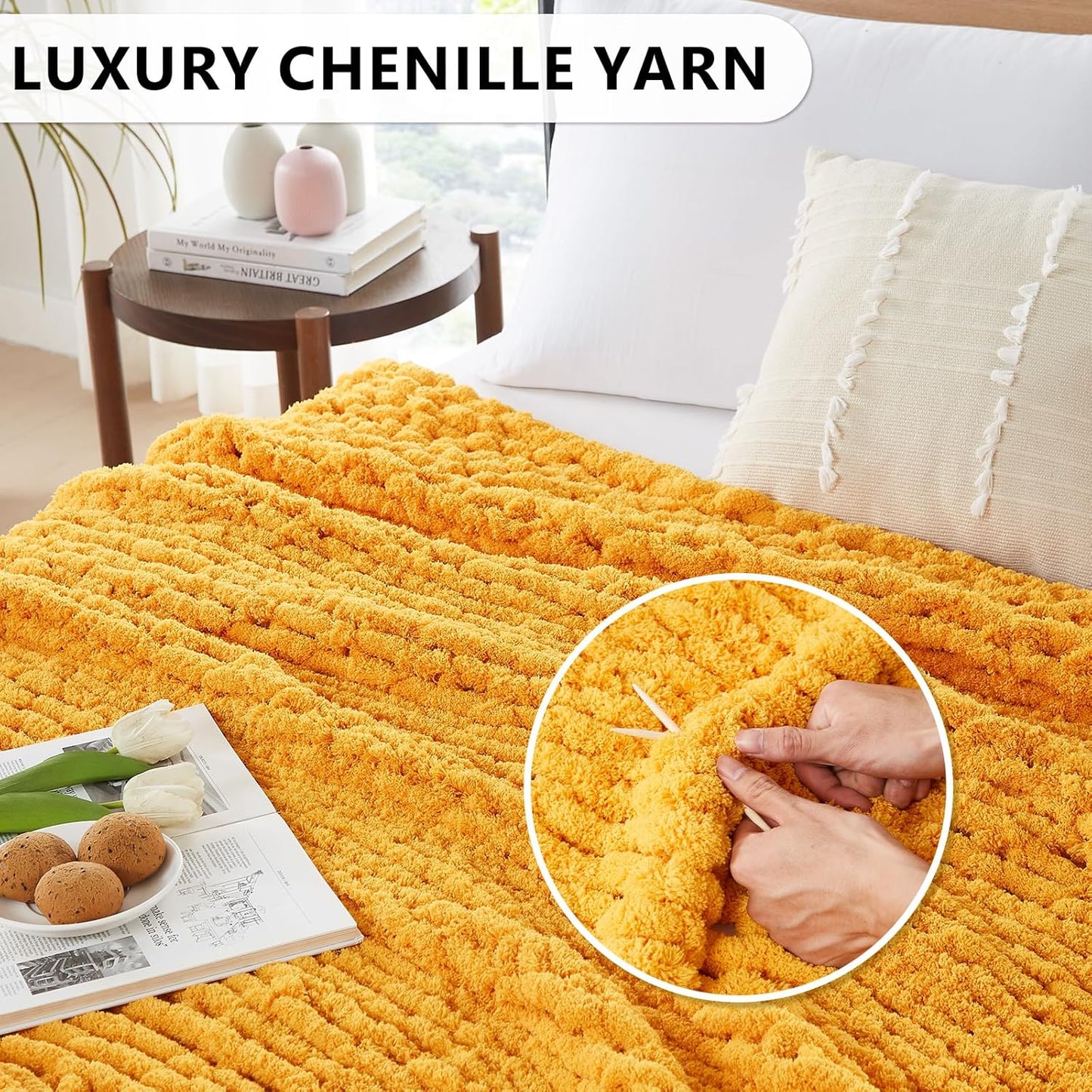 L'AGRATY Chunky Knit Blanket Throw - Soft Chunky Throw Blanket 30x40: 100% Hand Kintted Chenile Crochet Throw Blanket for Couch - Large Cable Knit Chunky Blanket for Home Decor(Mustard Yellow)