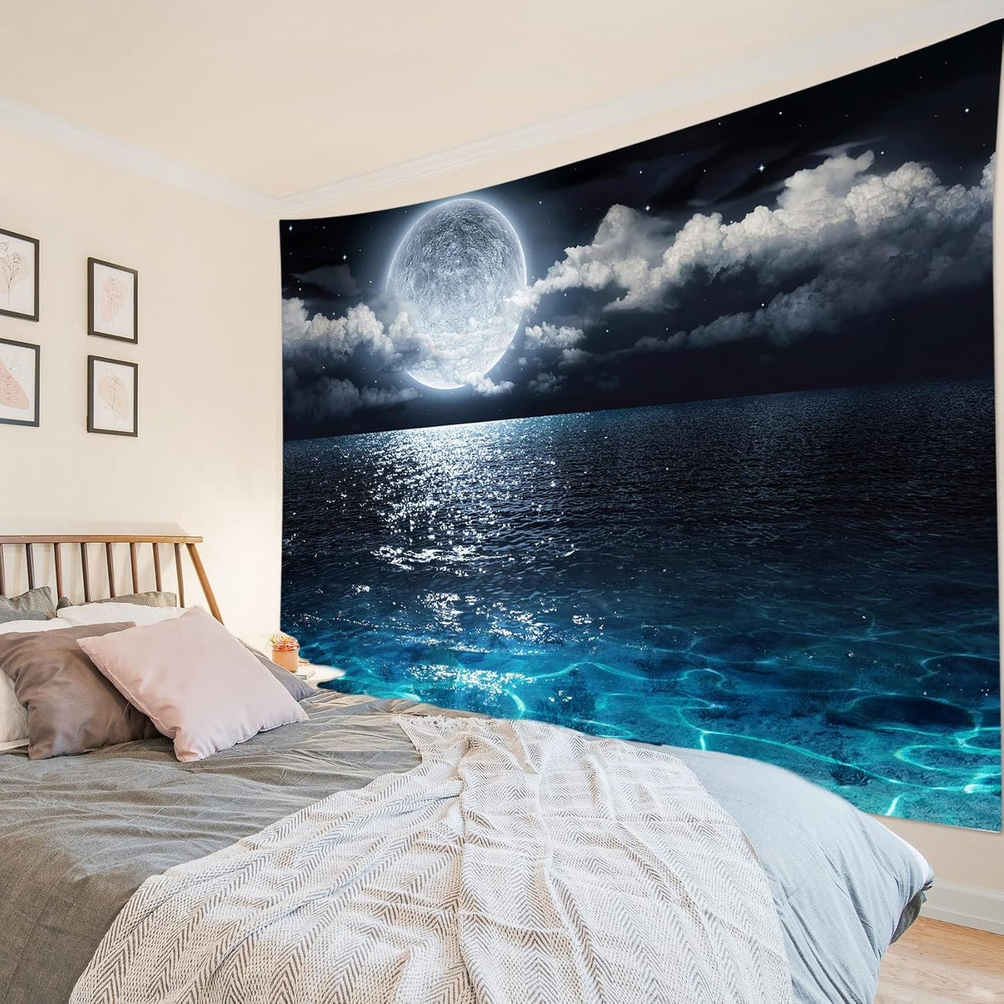 LB Moon Ocean Tapestry - Watercolor Blue Ocean and White Cloud Extra Large Wall Tapestry for Bedroom Starry Night Sky Wall Art for Bedroom Living Room Dorm Decor - 92.5Wx70.9H inches