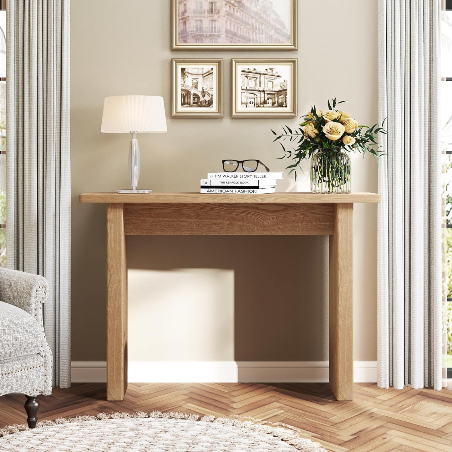 AVZEAR 43.3" Mid Century Narrow Entryway Console Table, Modern Fluted Wood Couch Table Behind Sofa Long and Skinny for Living Room Hallway Entrance Foyer (Natural)