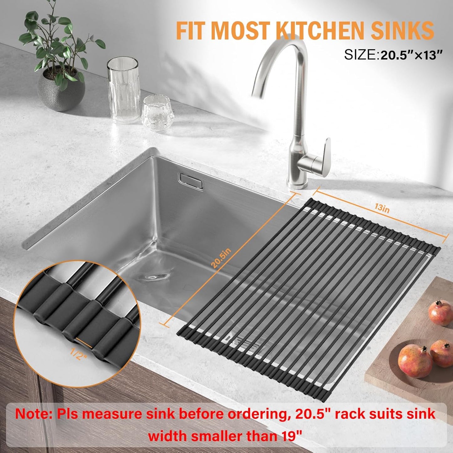 LEMIKKLE 20.5" x 13" Roll Up Dish Drying Rack Silicone Wrapped Over The Sink Dish Drying Rack Foldable Sink Drying Mat, Heat-Resistant & Anti-Rust Dish Rack for Kitchen Sink, Black