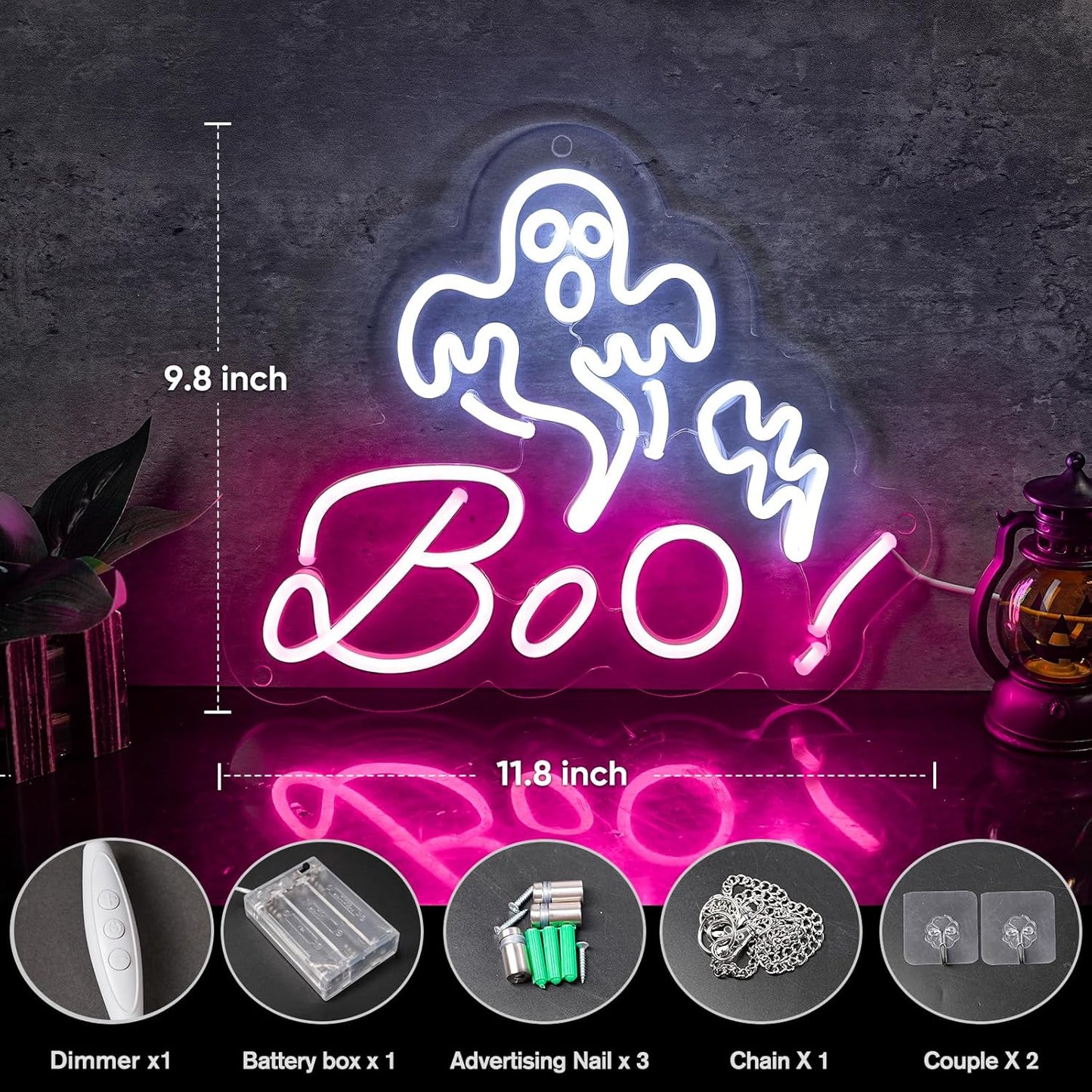 HRGXYUN Halloween Dimmable Ghost Neon Sign, Pink Boo Neon light for Wall Decor,Custom Neon Sign for Bar Club Ghost Room Decoration,5V USB Power 11.8 * 9.85in