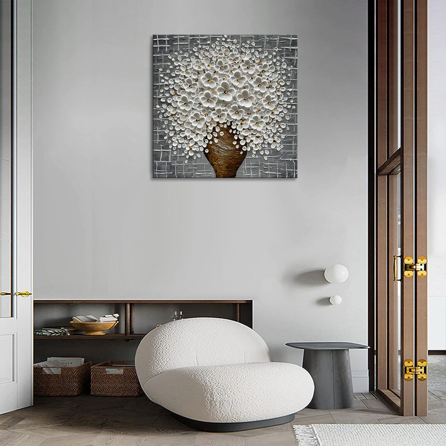 Epicler Hand-Painted 3D Abstract Modern Oil Painting Wall Art,24x24 Inch White Flower Painting, Flower Wall Art Painting,Living Room Bedroom Wall Decoration Oil Painting Ready to Hang