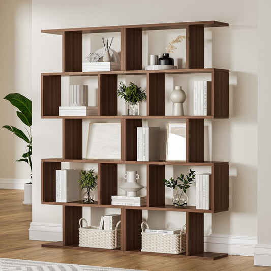 Brown 5-Tier Geometric Bookcase, S-Shaped Modern Bookshelf Set of 2, 62.6" Tall Room Divider Book Shelf, Decorative Display Shelf