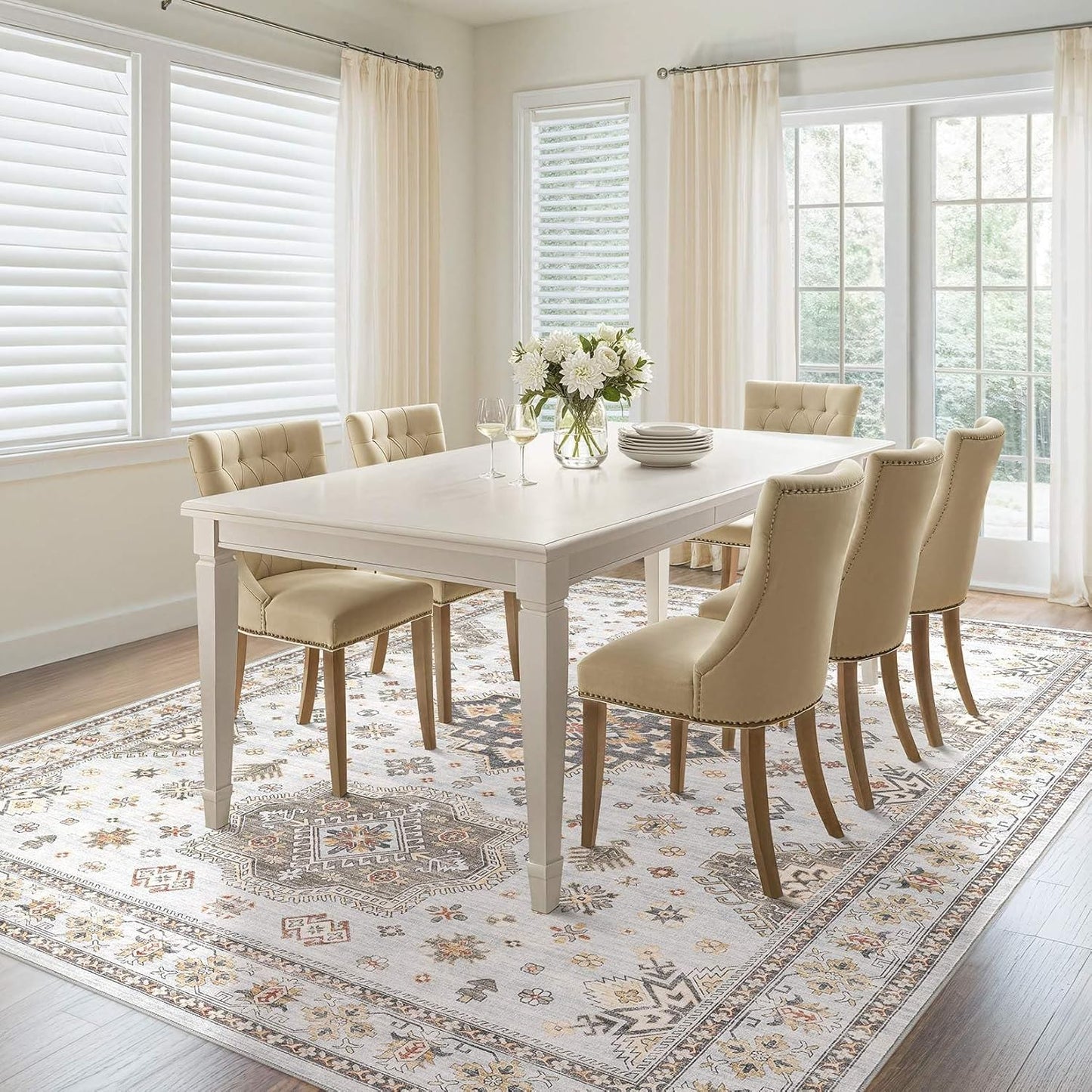 Washable Area Rugs for Living Room -8x10 Neutral Vintage Distressed Floral Farmhouse Boho Large Soft Floor Rug Indoor Non Slip Carpet for Living Room Bedroom Dining Room Office -Blue Brown