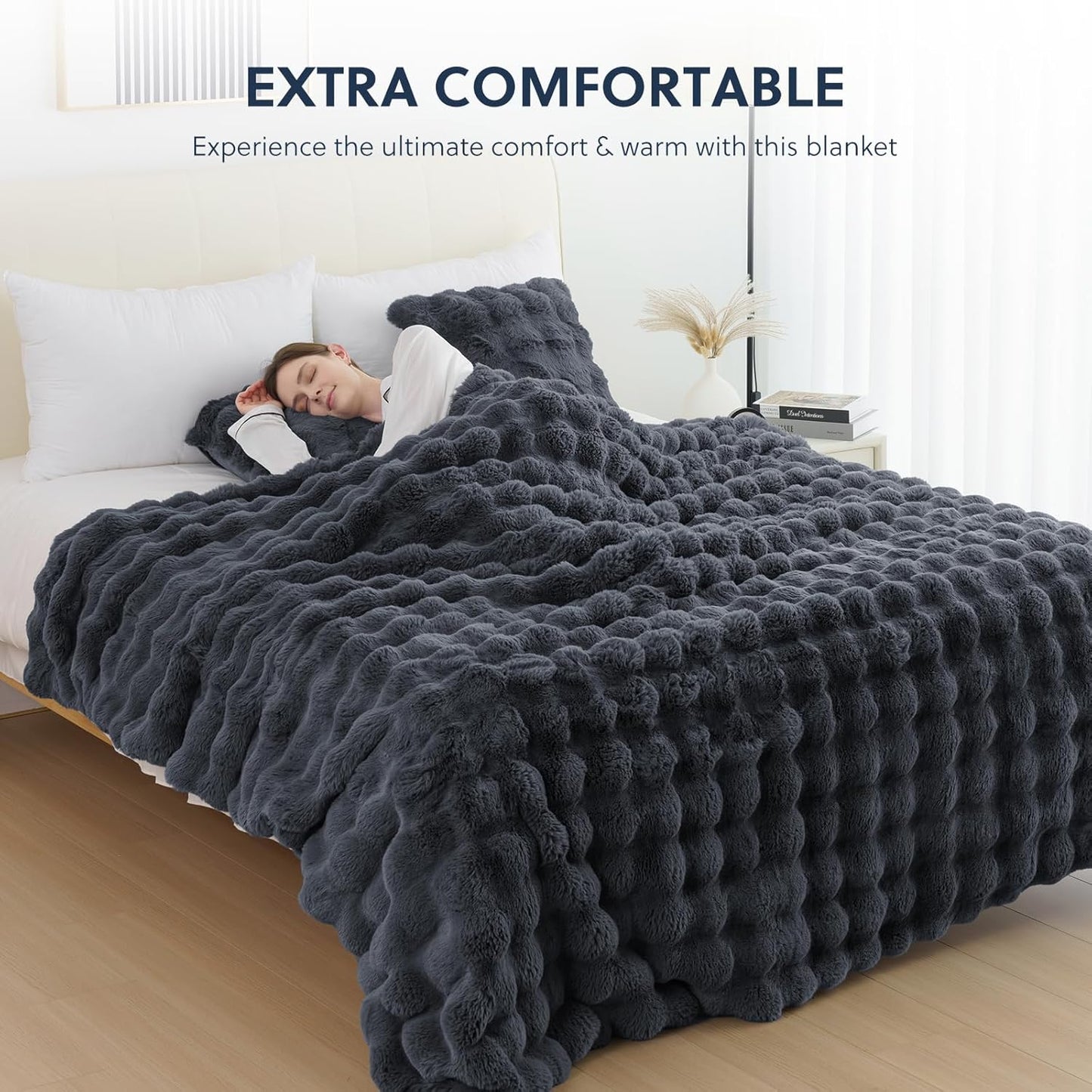 Cozy Faux Fur Throw Blanket for Bed-Warm Fuzzy Throw Blanket, Soft Plush Thick Bubble Blankets for Bedroom and Living Room, Furry Luxury Blanket, 90 x 90, Grey