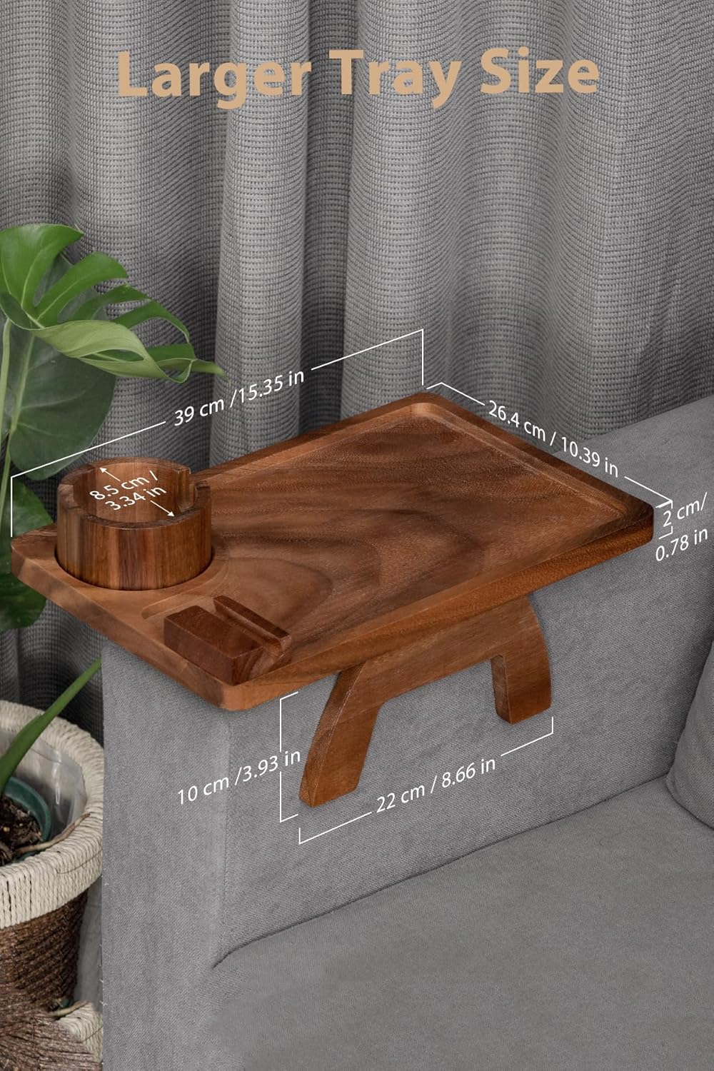 Sofa Arm Tray, Acacia Wood Couch Cup Holder, Portable Large Sofa Armrest Tray Anti-Spill Beverage Snack Remote Holder